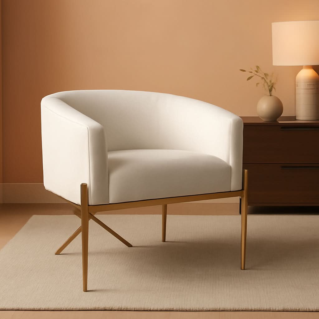 Ivory Velvet Arm Chair With Gold Legs Upholstered Easy Clean