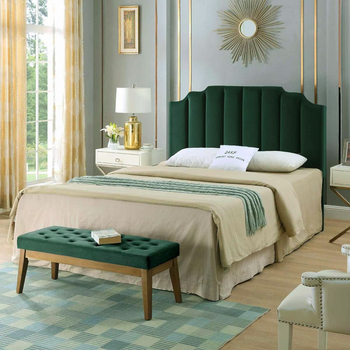 Jade Velvet Tufted Queen Headboard with Curved Design
