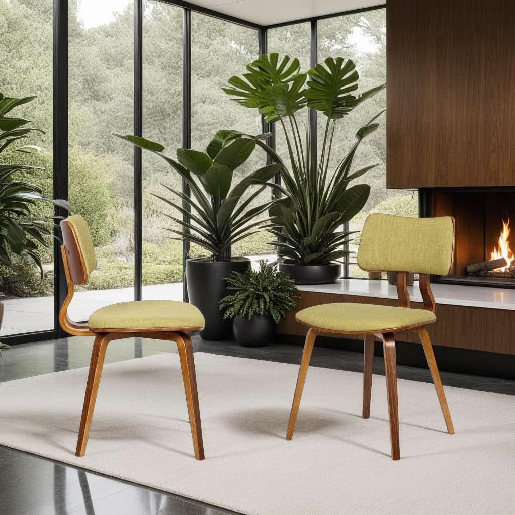 Jaguar Mid Century Modern Dining Chair Green Fabric Walnut Wood Finish