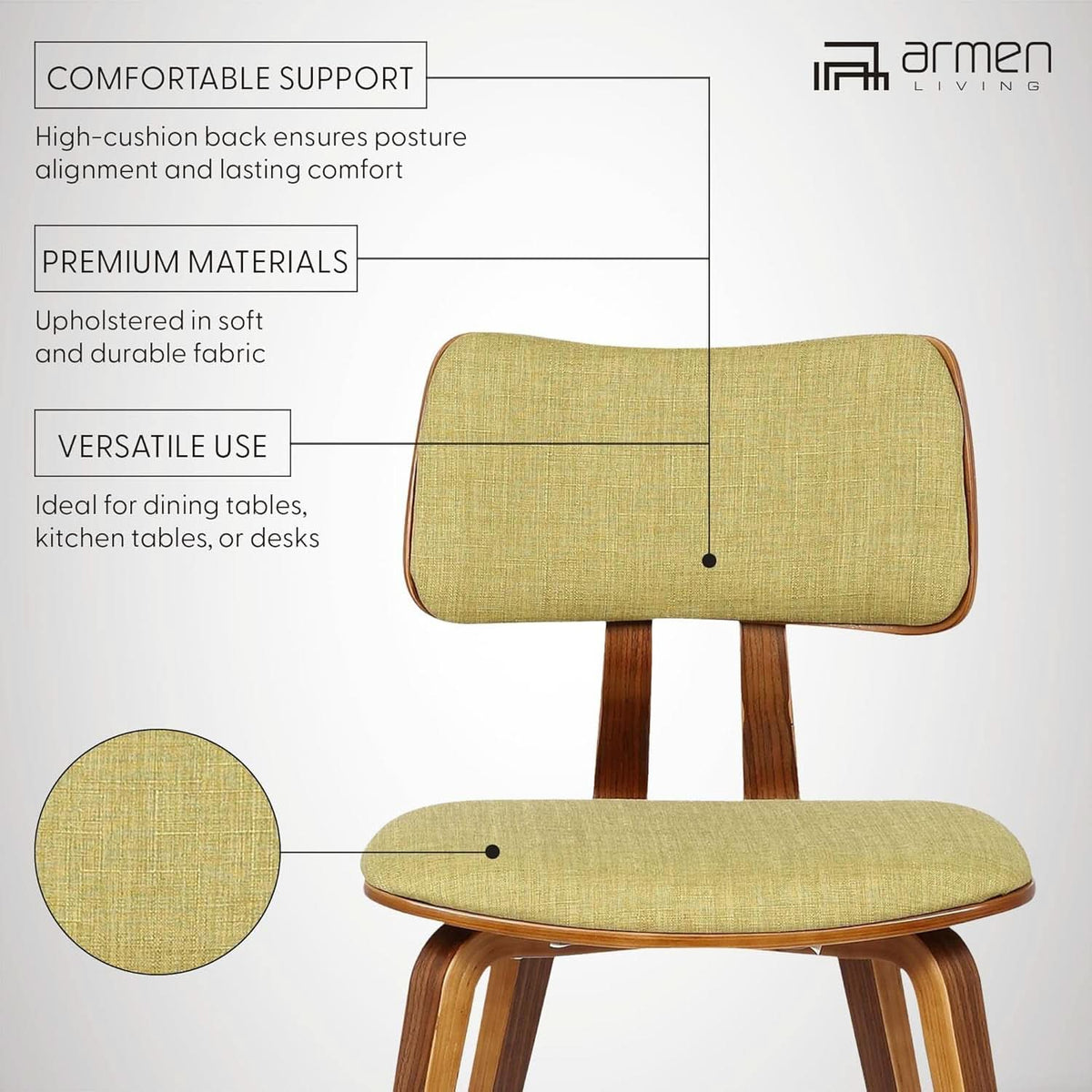 Jaguar Mid Century Modern Dining Chair Green Fabric Walnut Wood Finish