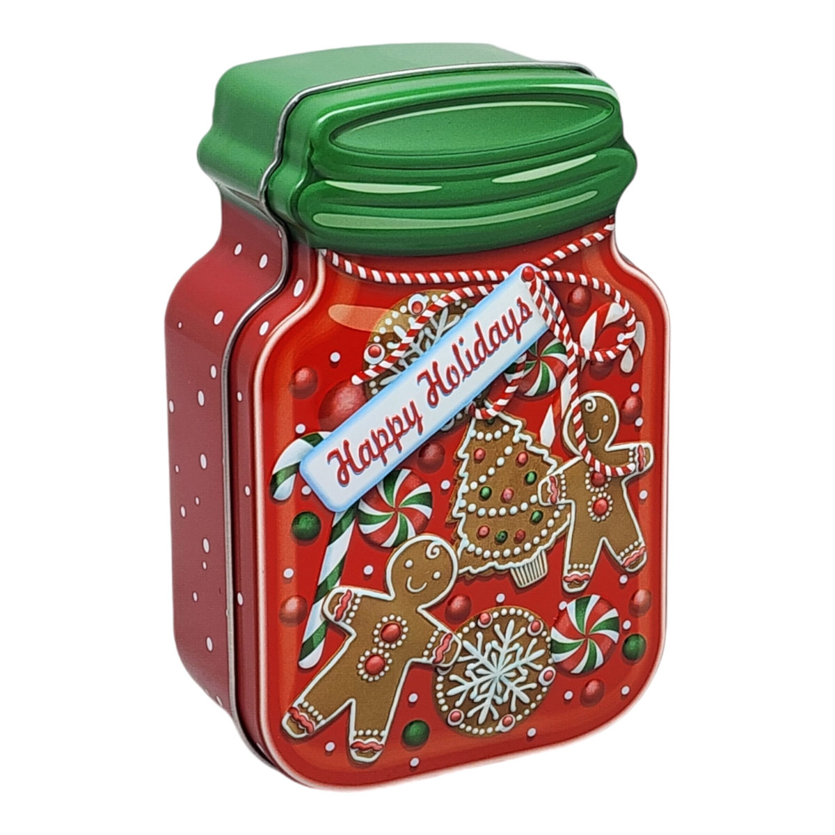 Jar Shaped Christmas Cookie Gift Tin - Happy Holidays Gingerbread