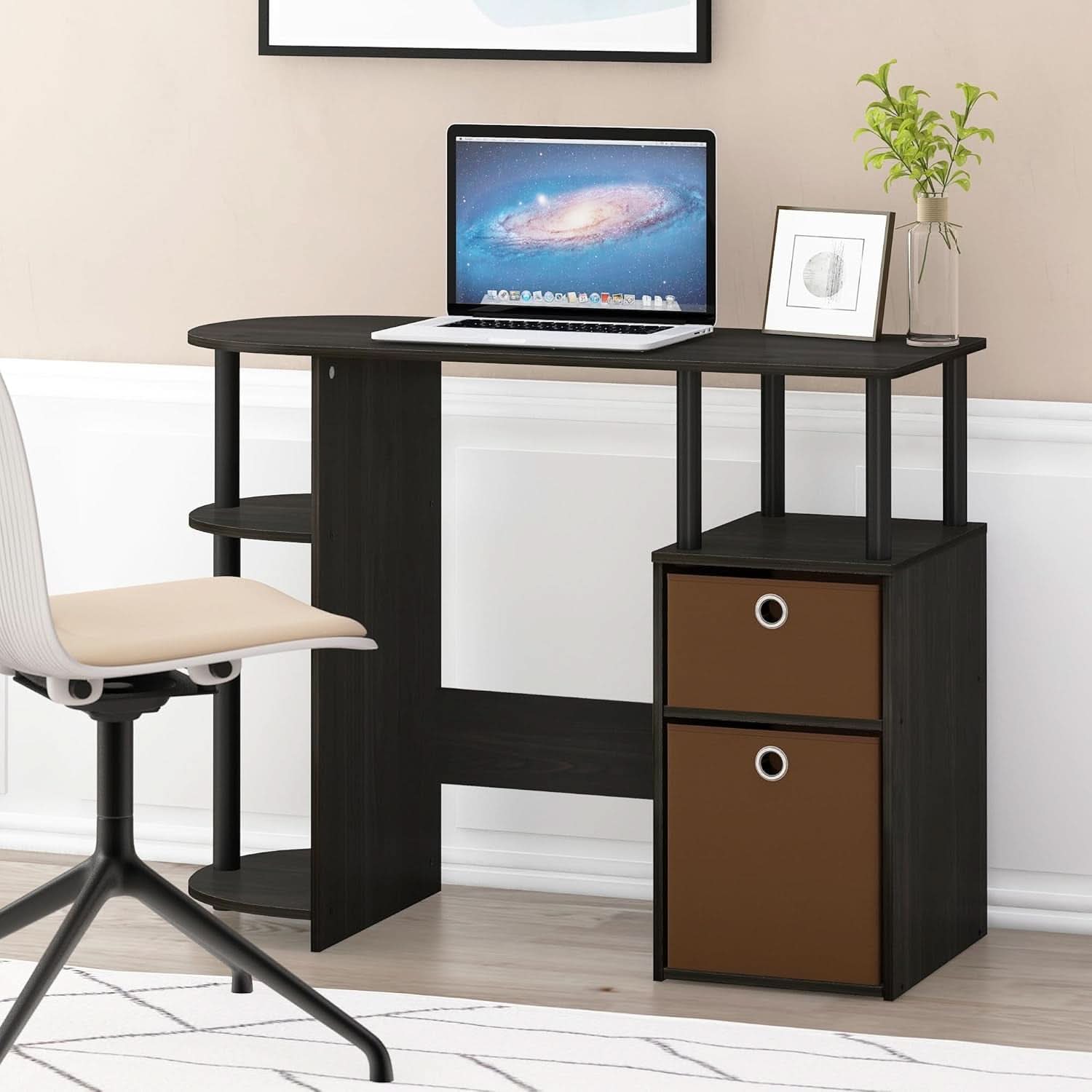 Jaya Brown Computer Study Desk With Storage Bins And Shelf