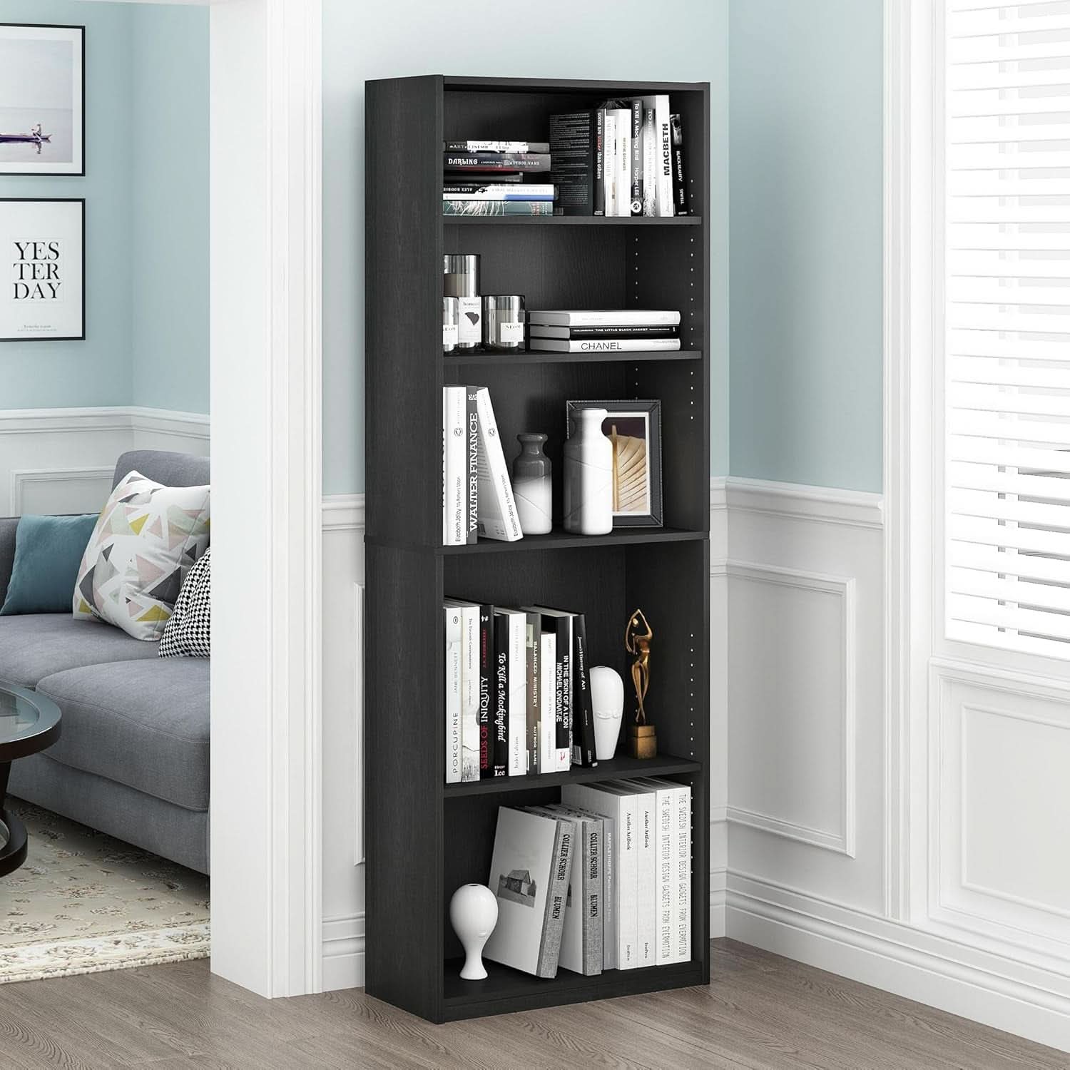 Jaya Simply Home 5 Shelf Bookcase 5 Tier Black With Adjustable Shelves
