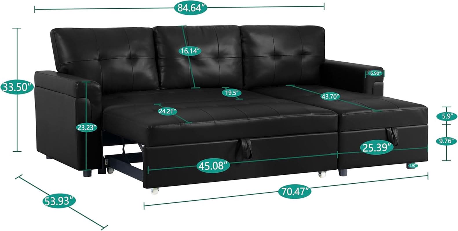 Jenny Sectional Sleeper Sofa With Storage Chaise In Black Air Leather