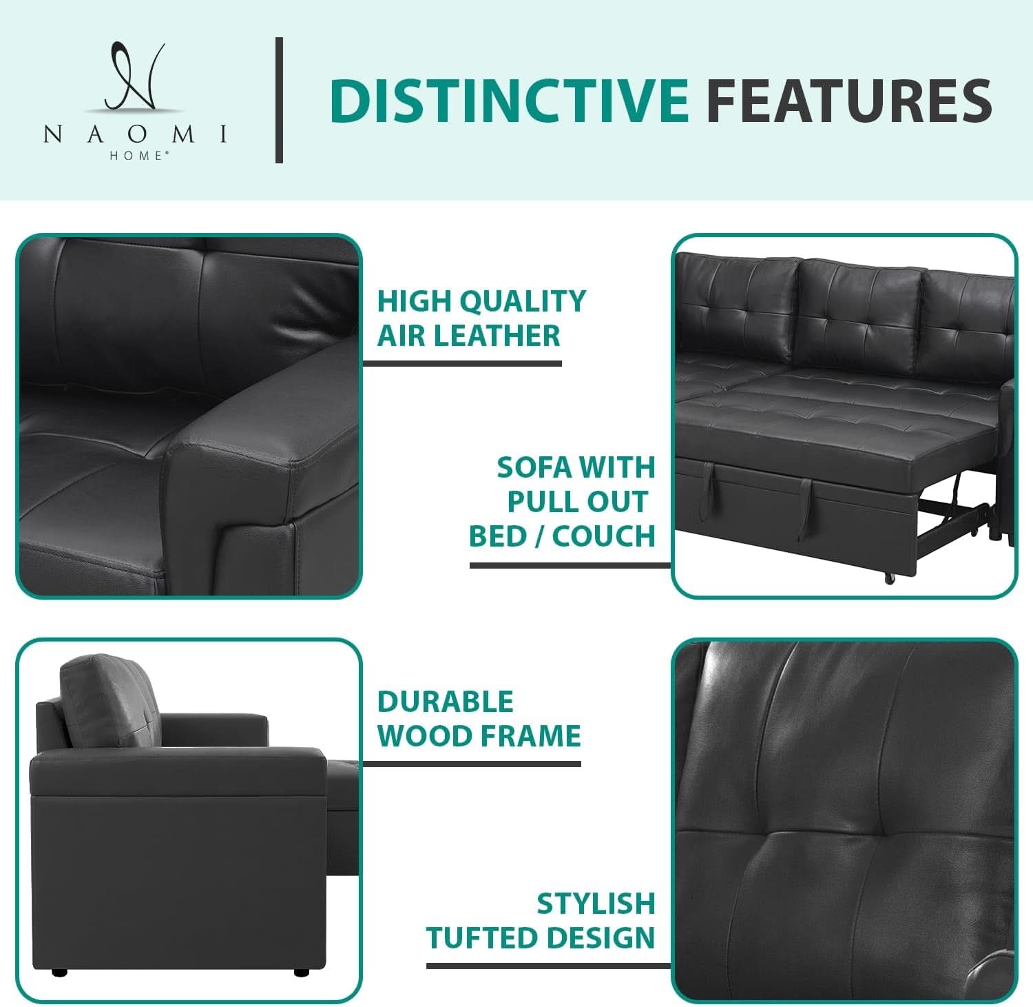 Jenny Sectional Sleeper Sofa With Storage Chaise In Black Air Leather