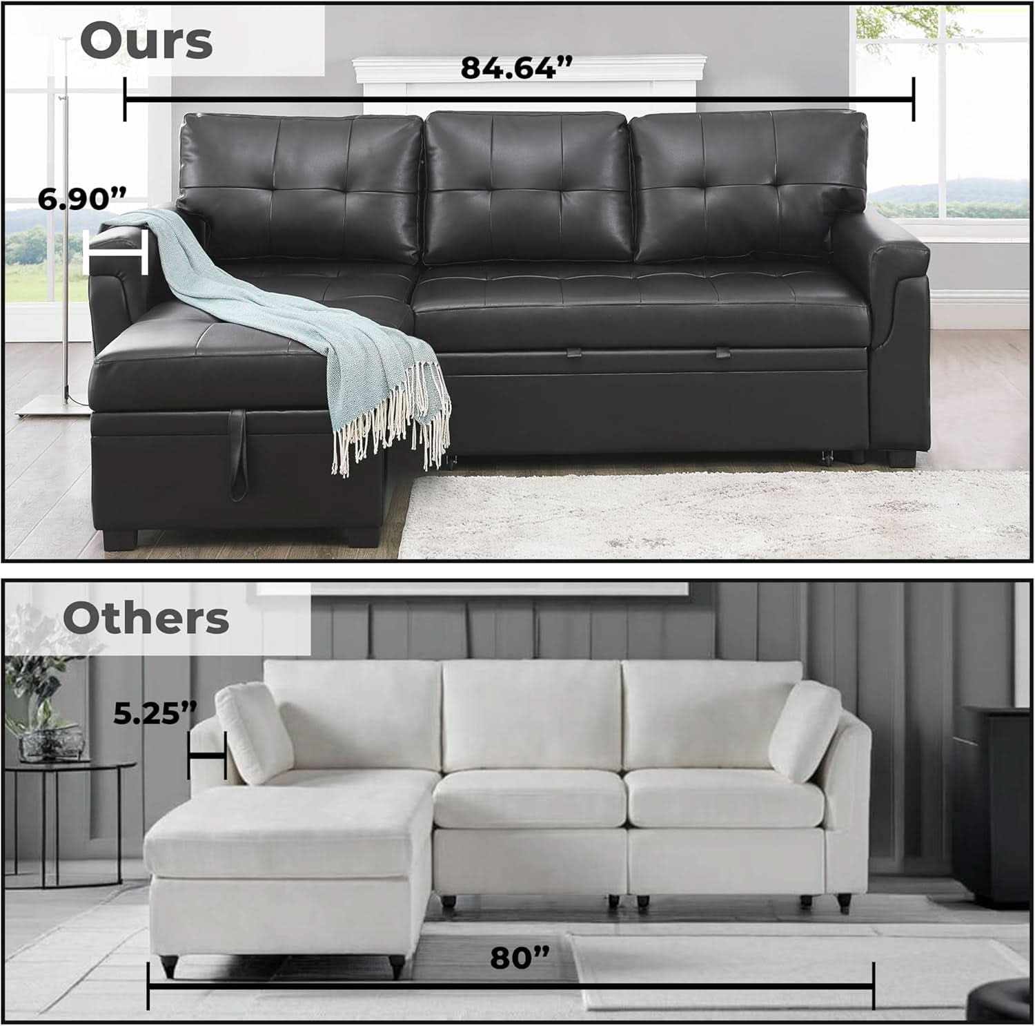Jenny Sectional Sleeper Sofa With Storage Chaise In Black Air Leather