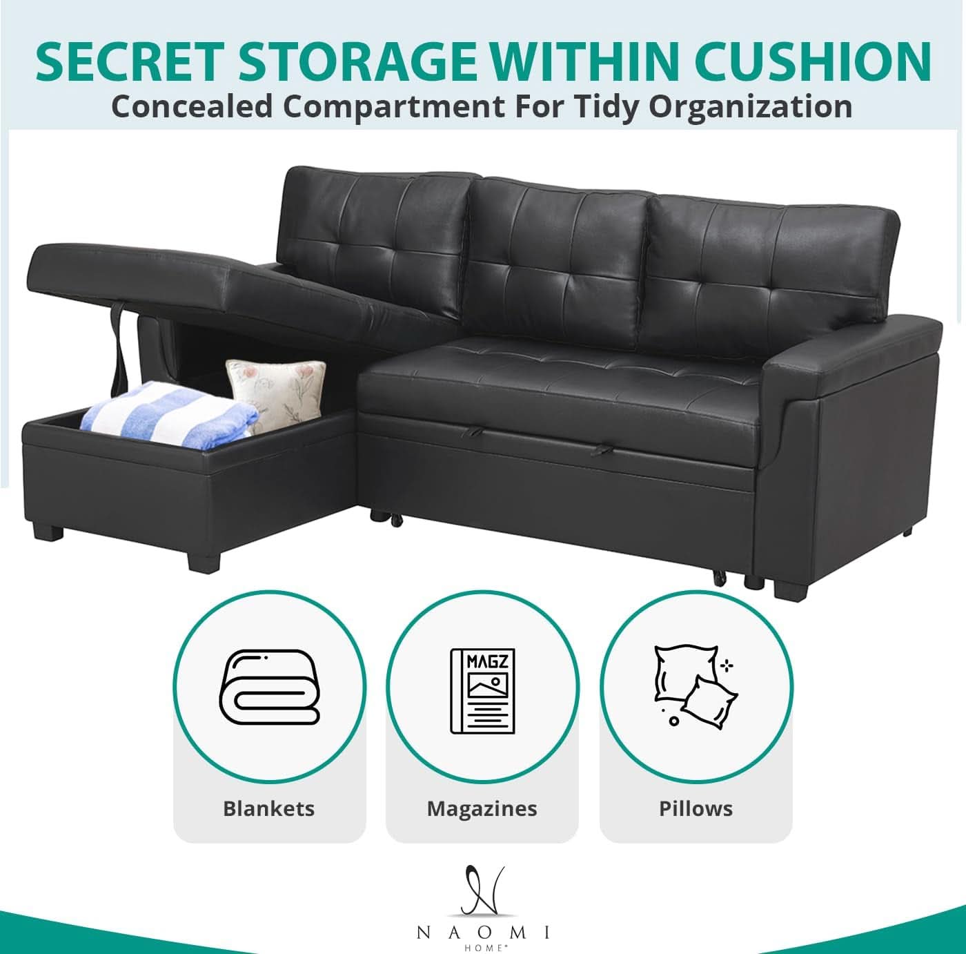 Jenny Sectional Sleeper Sofa With Storage Chaise In Black Air Leather