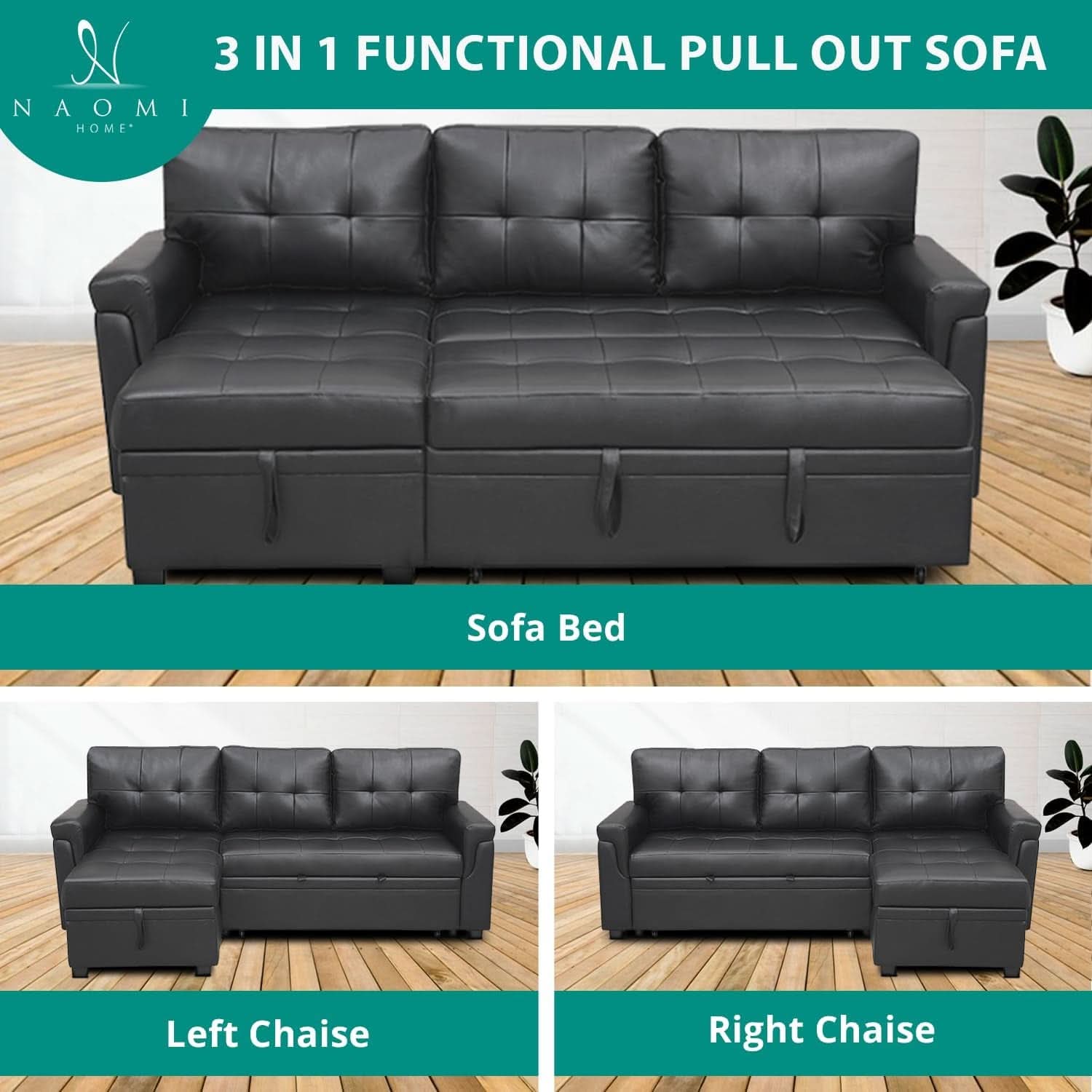 Jenny Sectional Sleeper Sofa With Storage Chaise In Black Air Leather