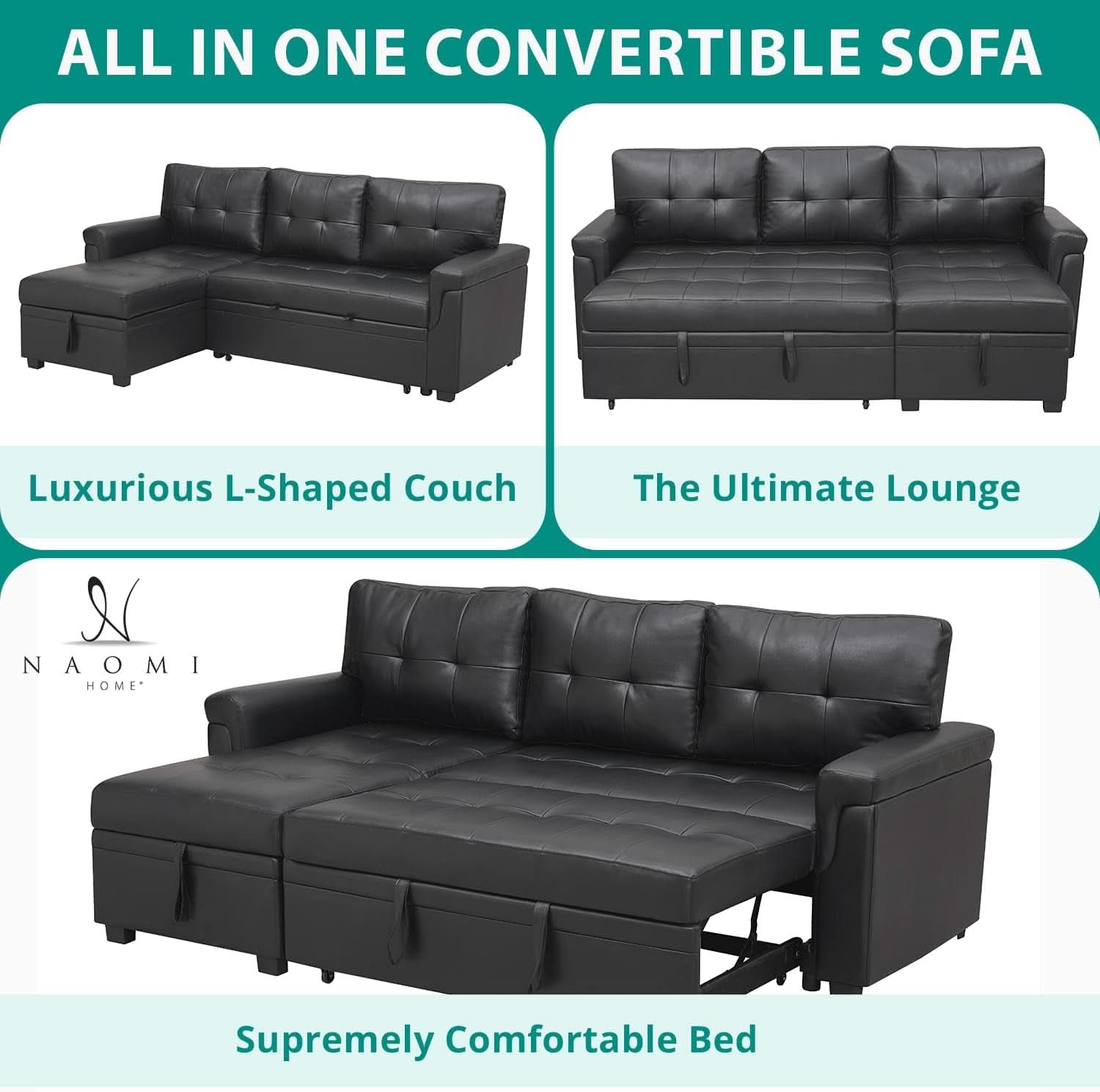 Jenny Sectional Sleeper Sofa With Storage Chaise In Black Air Leather