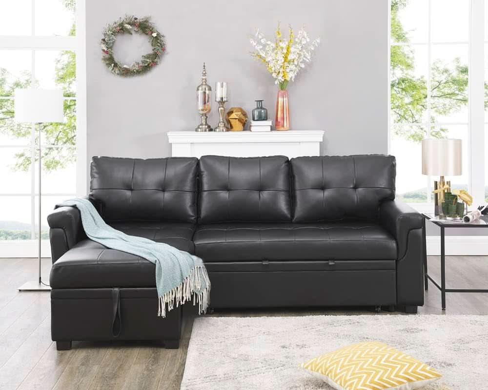 Jenny Sectional Sleeper Sofa With Storage Chaise In Black Air Leather