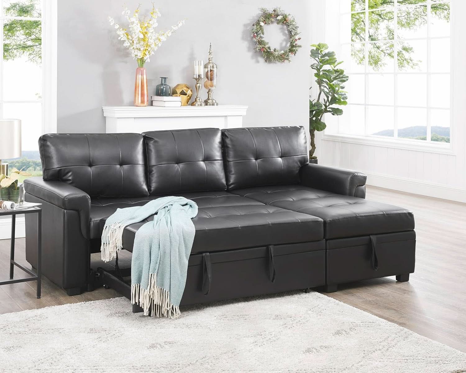 Jenny Sectional Sleeper Sofa With Storage Chaise In Black Air Leather