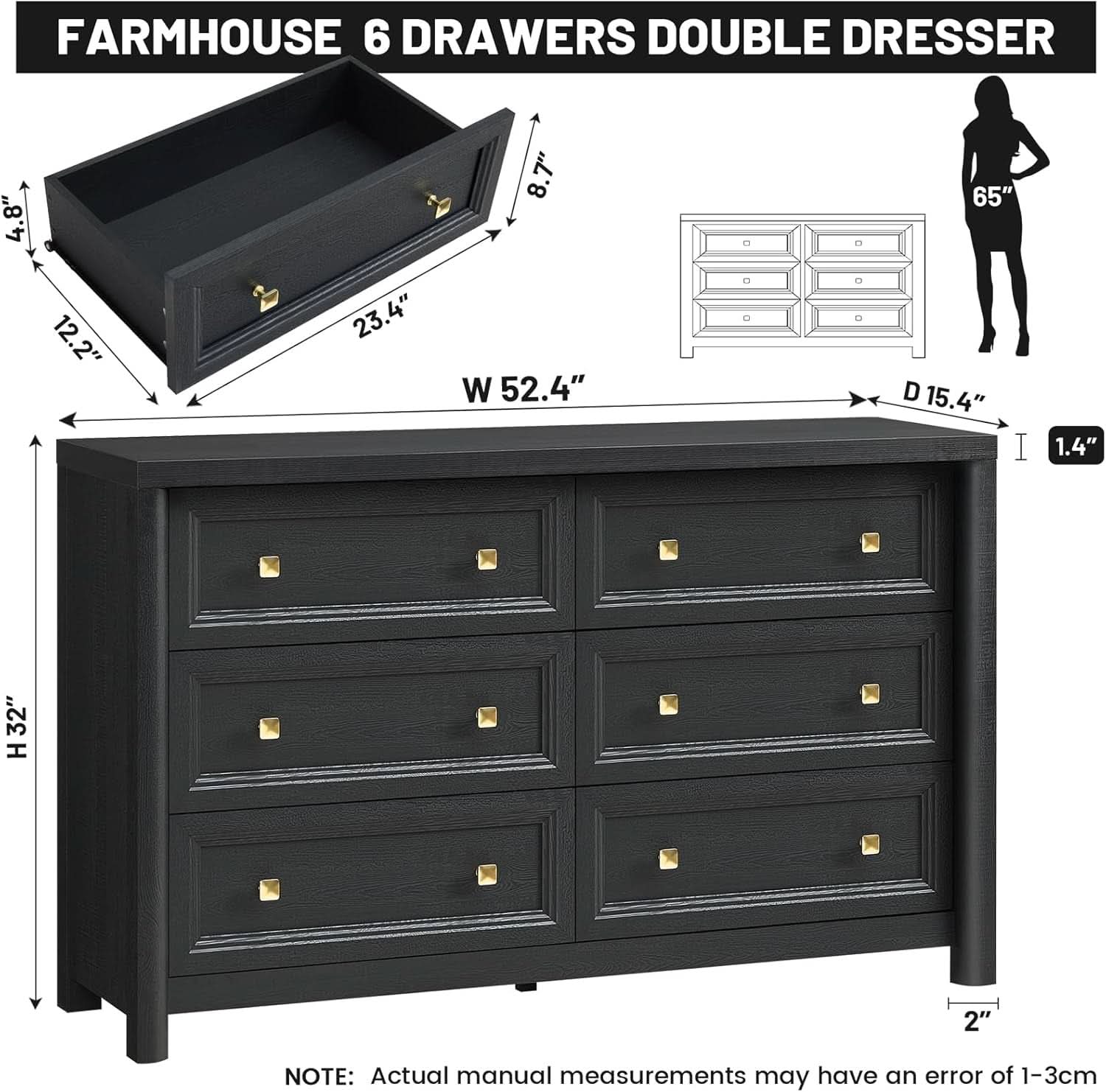 JetBlack Solid Wood Dresser 52 Inch Storage Solution