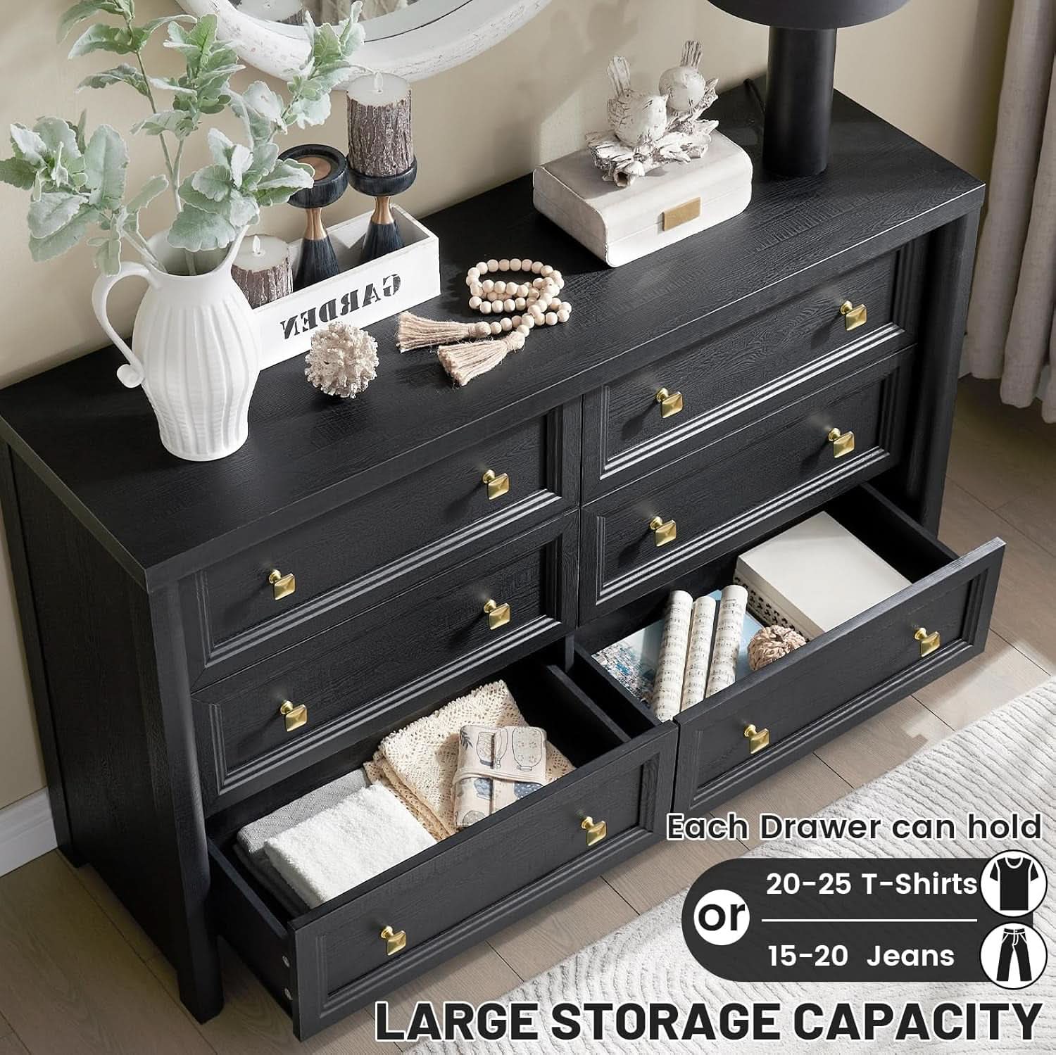 JetBlack Solid Wood Dresser 52 Inch Storage Solution