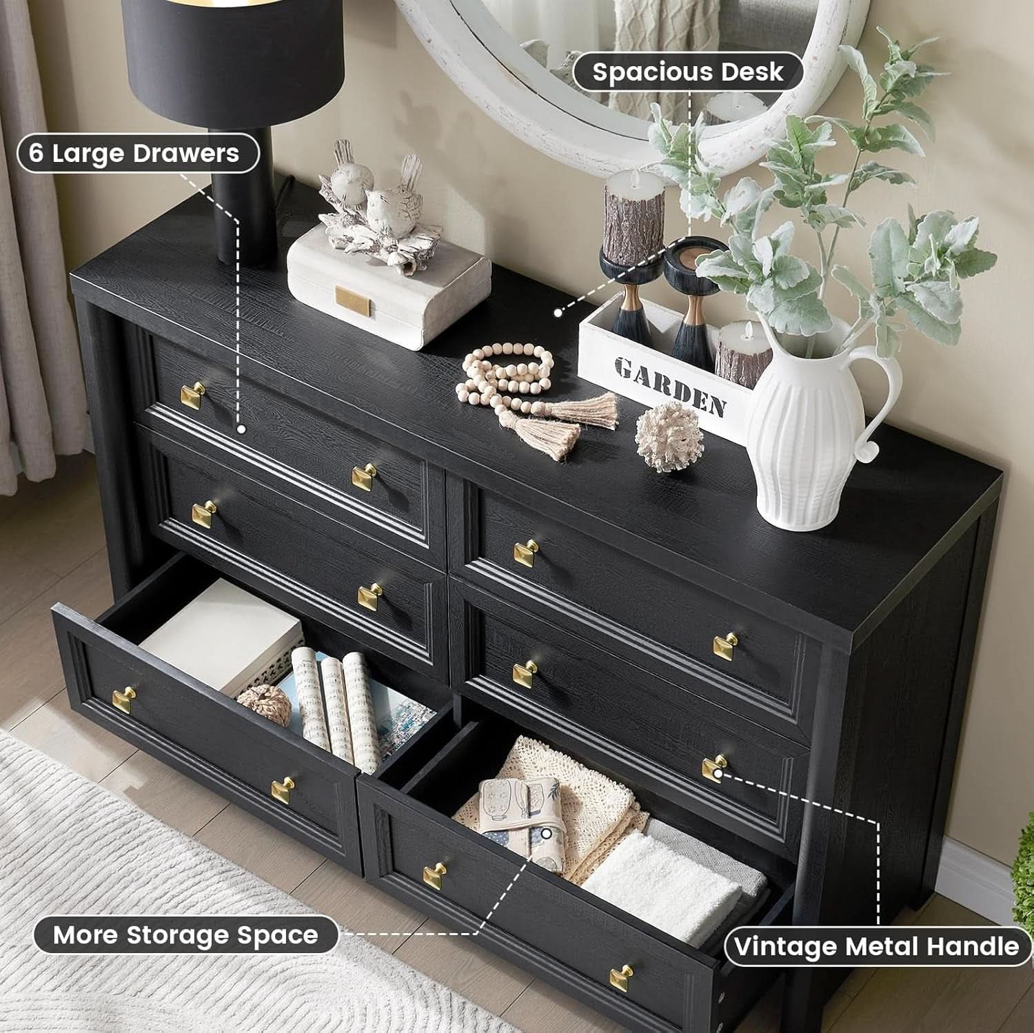 JetBlack Solid Wood Dresser 52 Inch Storage Solution