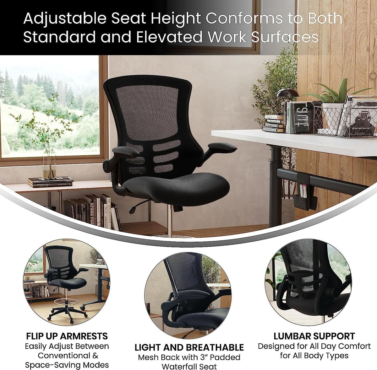 Kelista Mid Back Swivel Office Chair With Flip Up Armrests And Adjustable Height