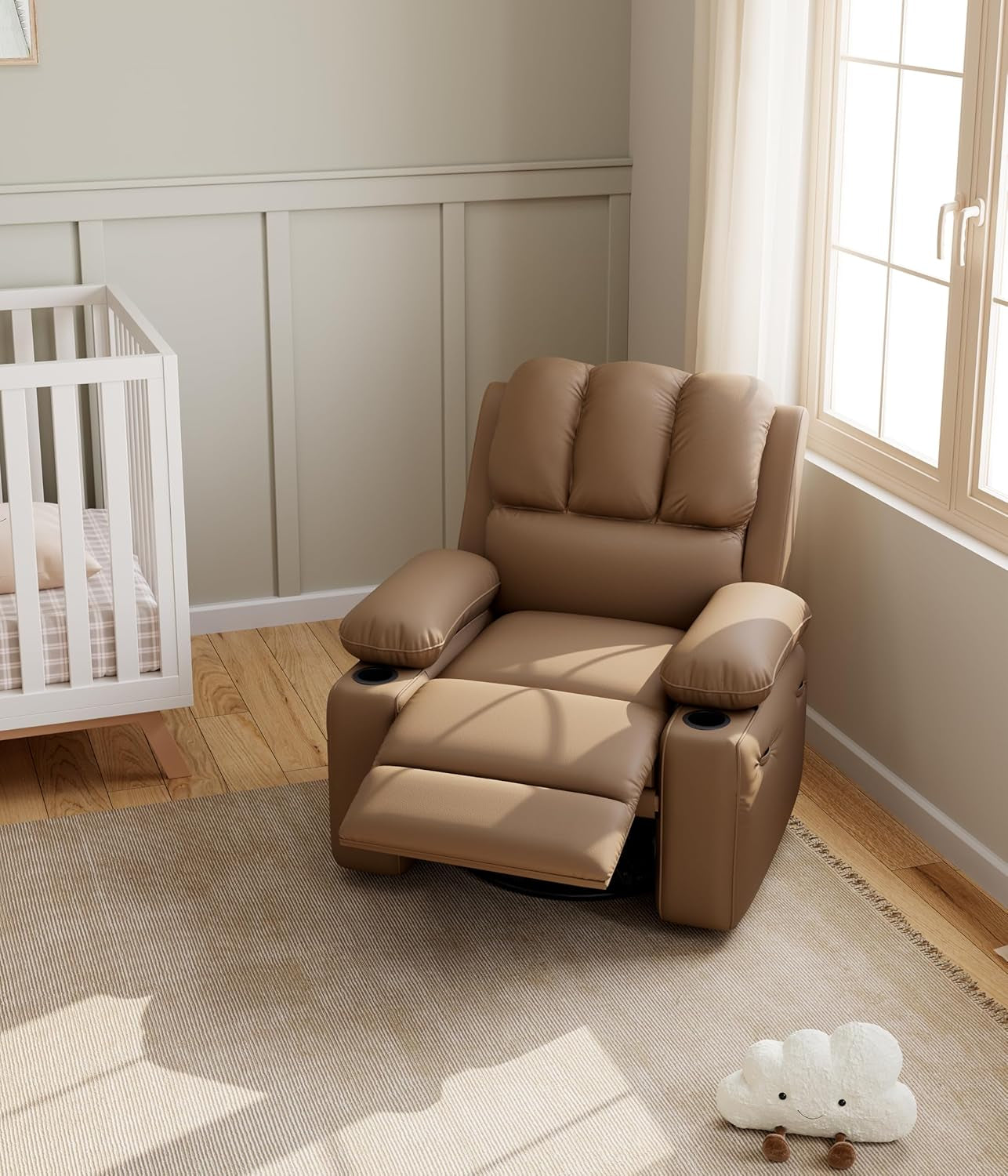 Khaki Leather Recliner Chair With Cup Holders Manual Medium