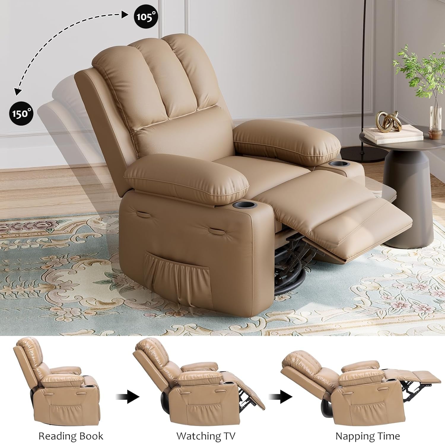 Khaki Leather Recliner Chair With Cup Holders Manual Medium