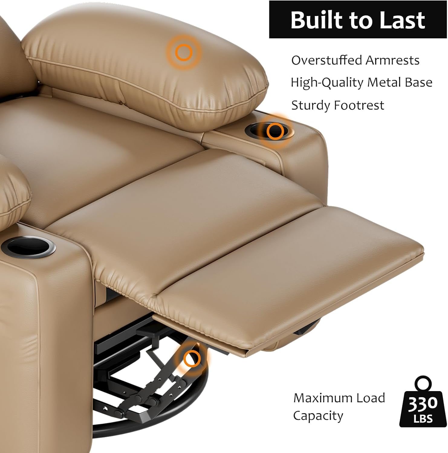 Khaki Leather Recliner Chair With Cup Holders Manual Medium