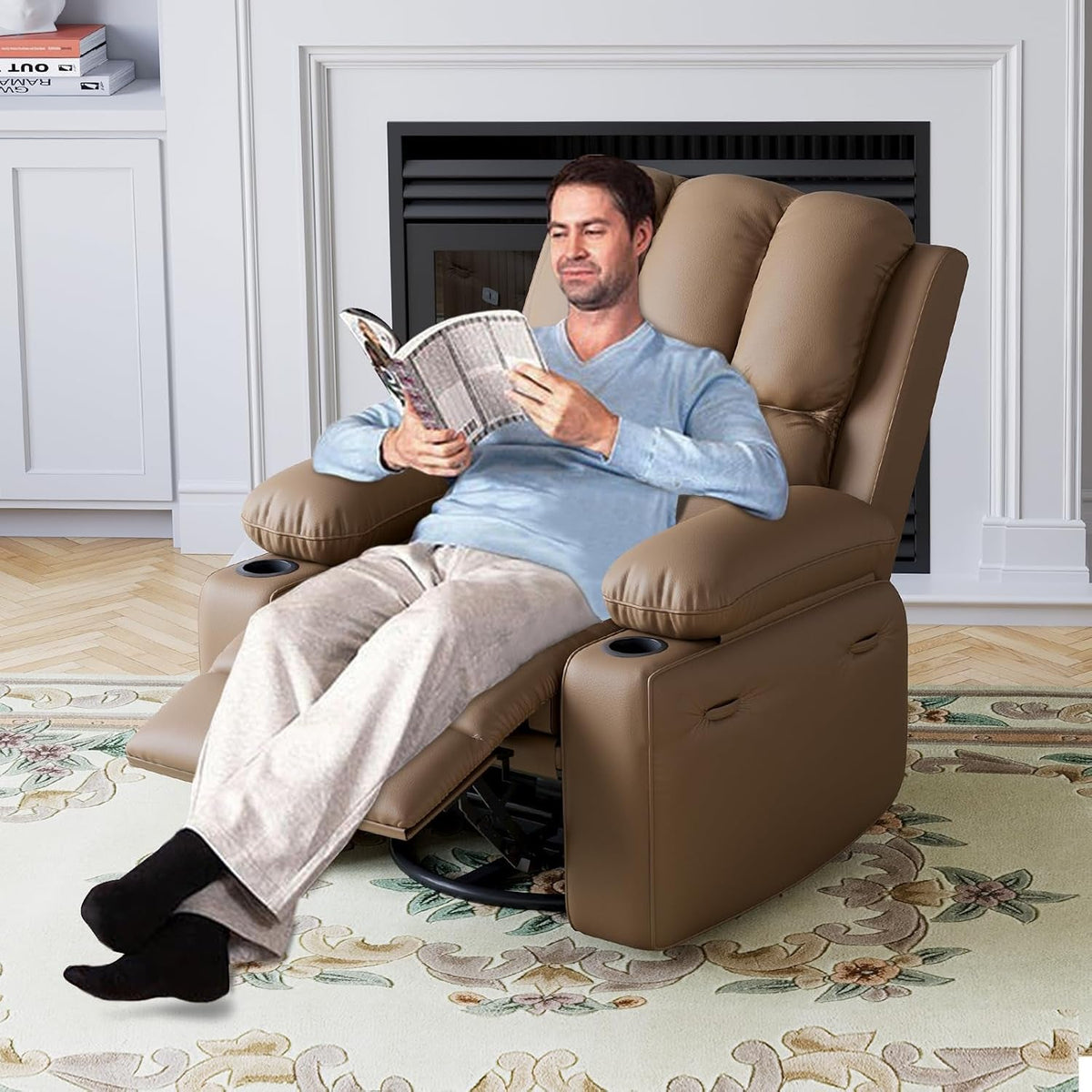 Khaki Leather Recliner Chair With Cup Holders Manual Medium