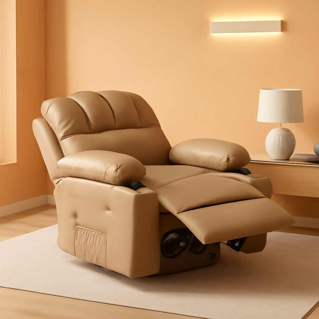 Khaki Leather Recliner Chair With Cup Holders Manual Medium