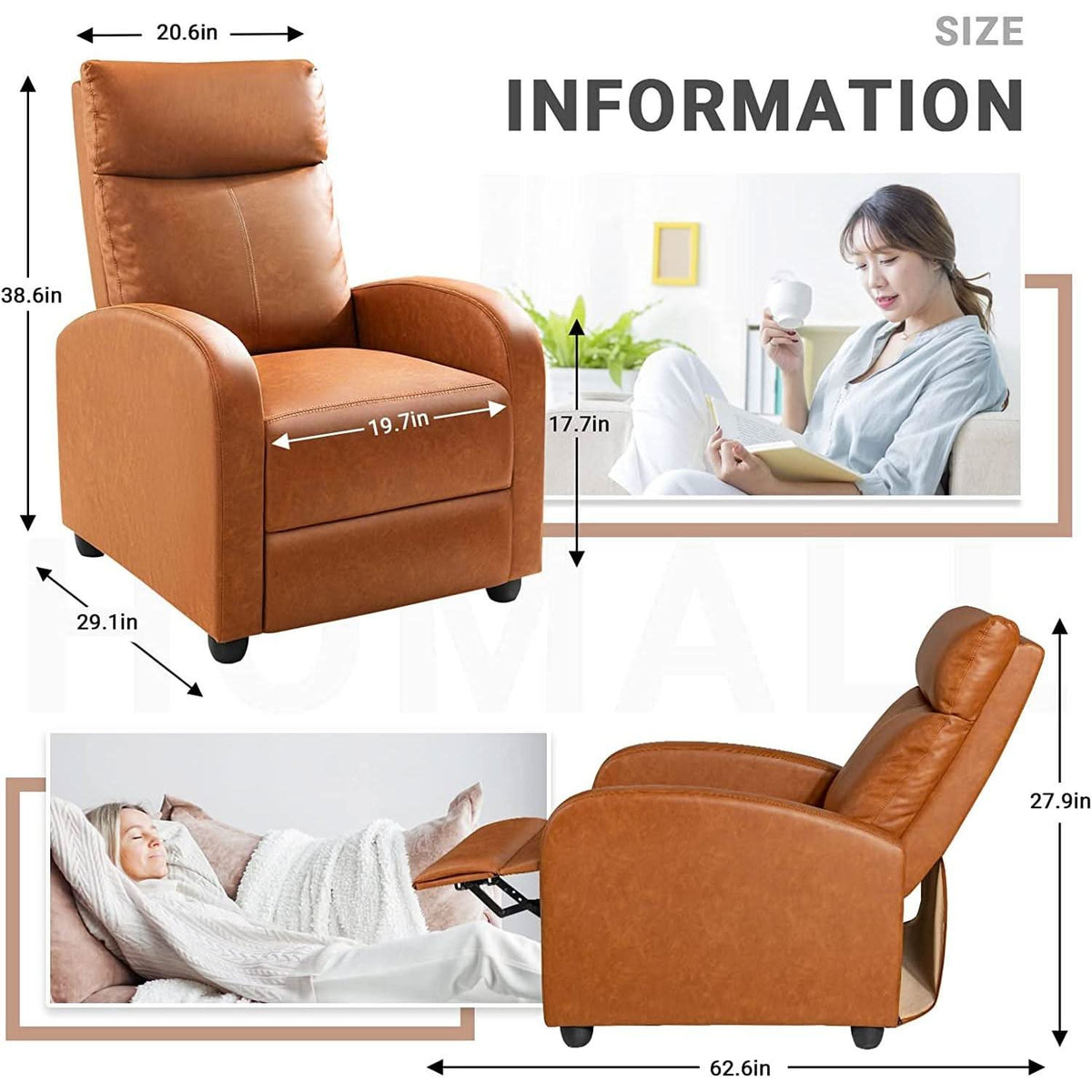 Khaki PU Leather Recliner Chair With Adjustable 90 To 180