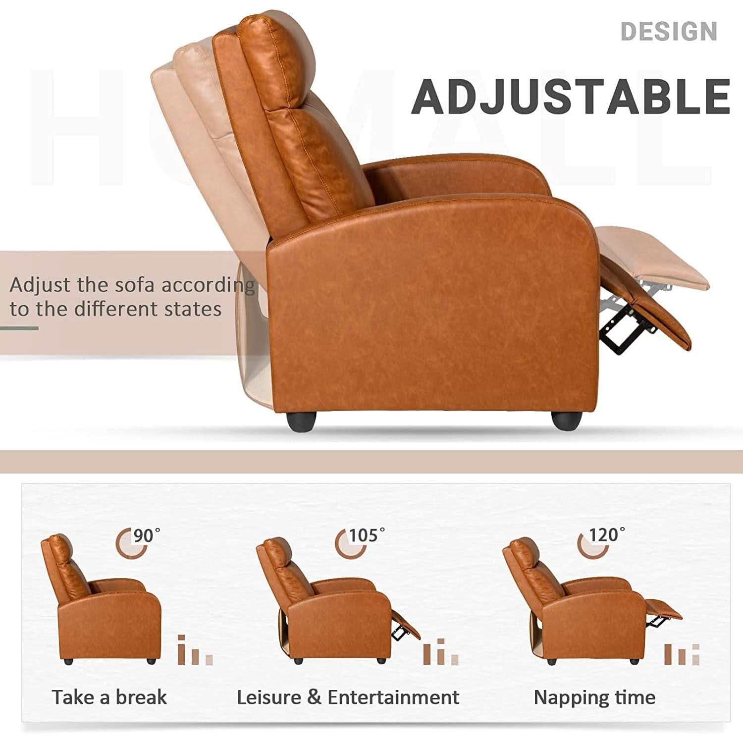 Khaki PU Leather Recliner Chair With Adjustable 90 To 180