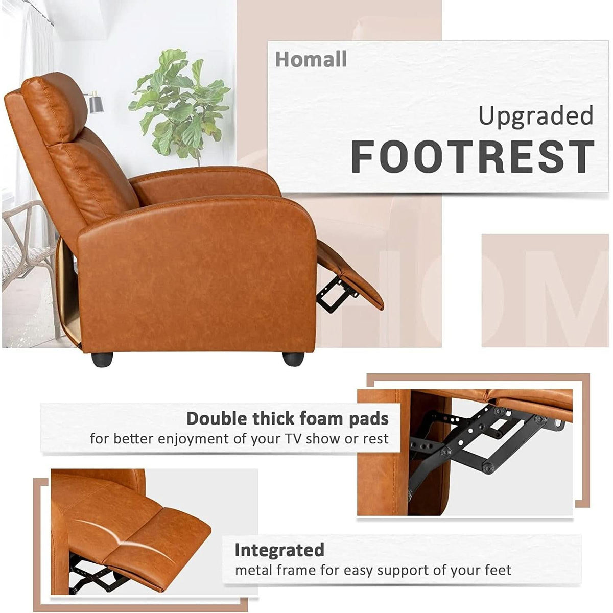 Khaki PU Leather Recliner Chair With Adjustable 90 To 180