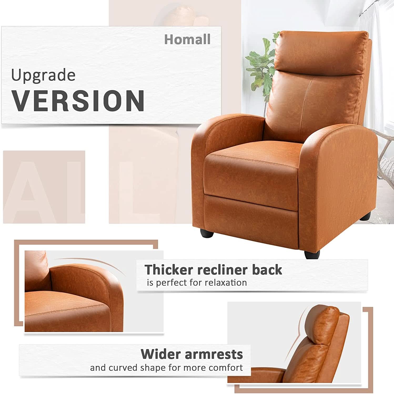 Khaki PU Leather Recliner Chair With Adjustable 90 To 180