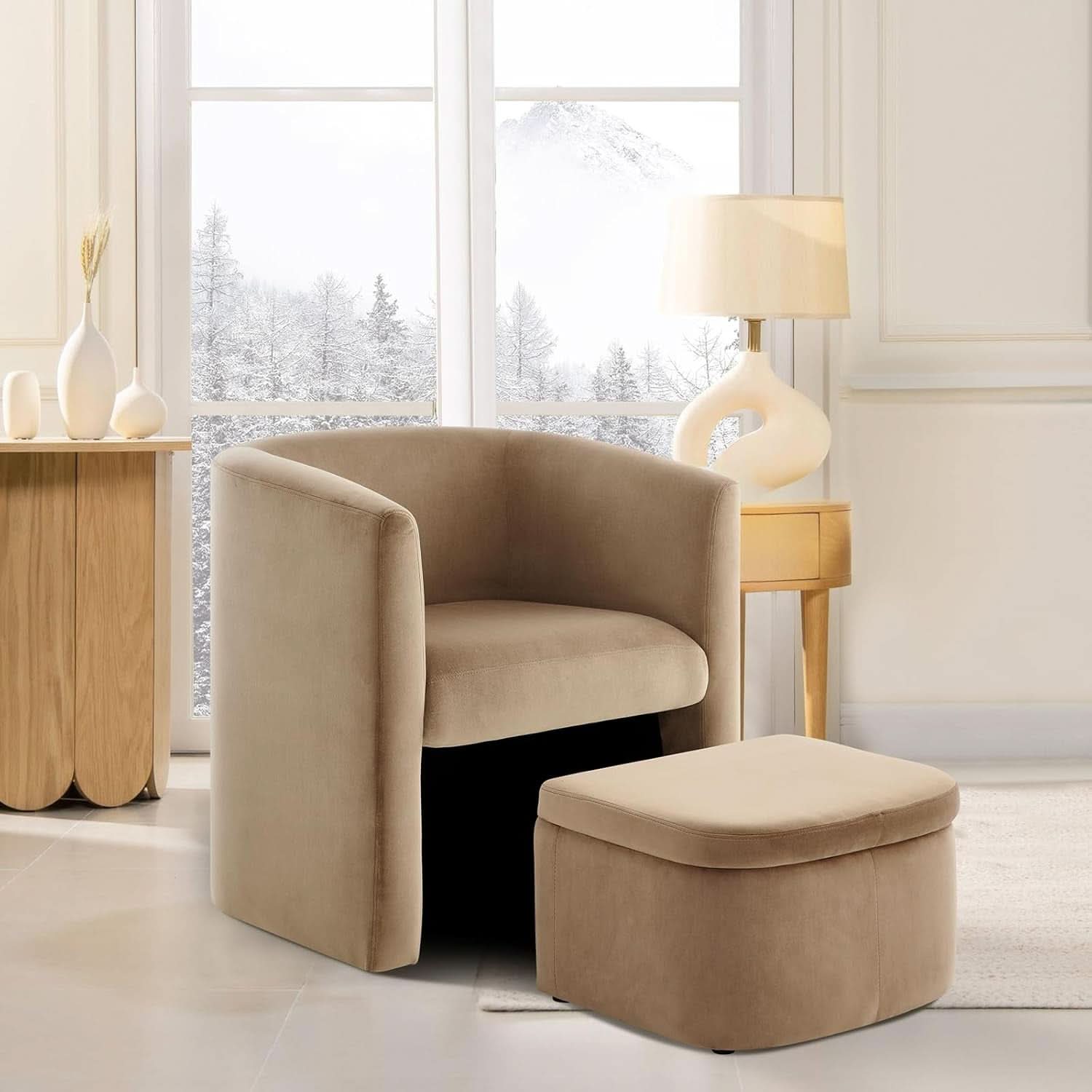 Khaki Velvet Barrel Chair With Storage Ottoman Compact