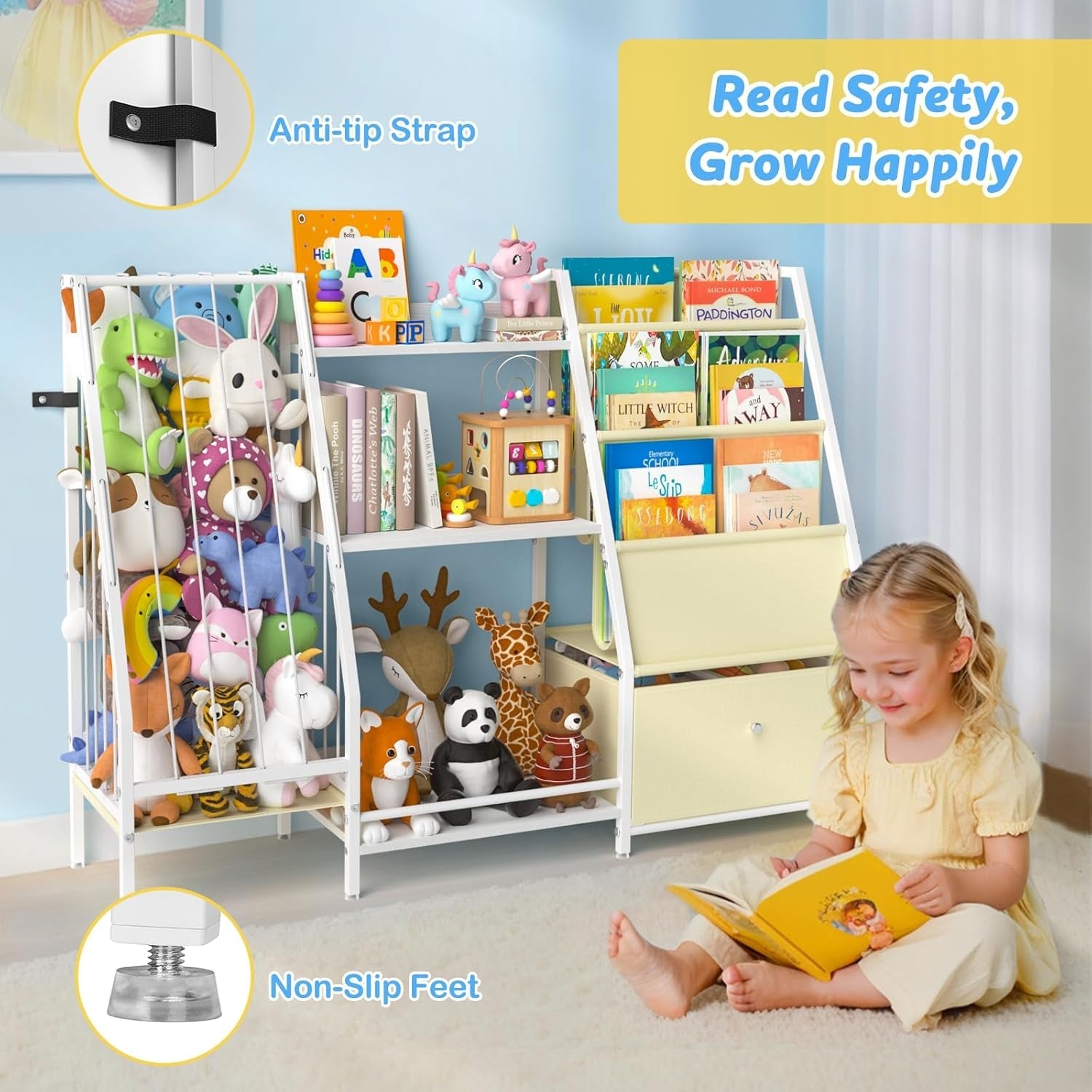 Kids Bookshelf 3 Tier Bookcase With Toy Organizer For Kids Rooms