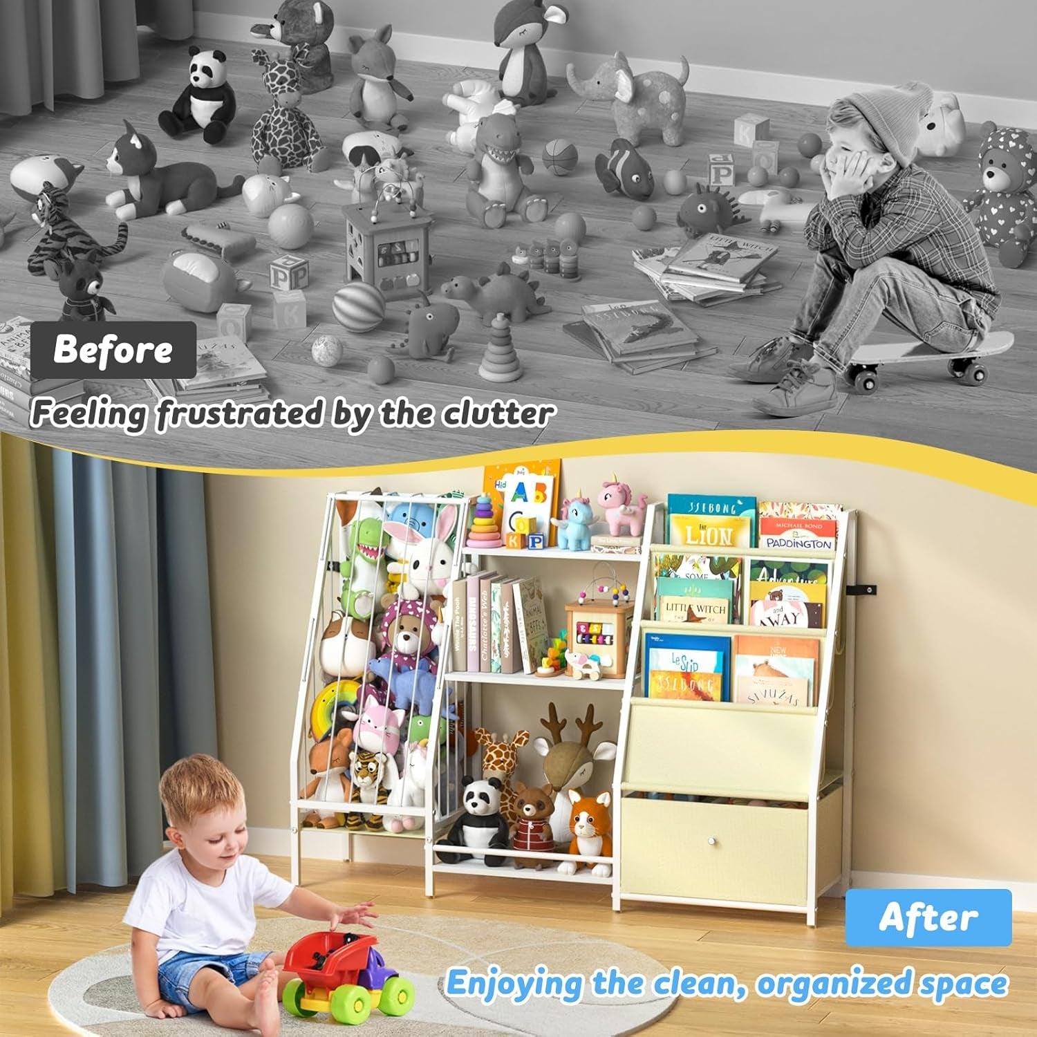 Kids Bookshelf 3 Tier Bookcase With Toy Organizer For Kids Rooms