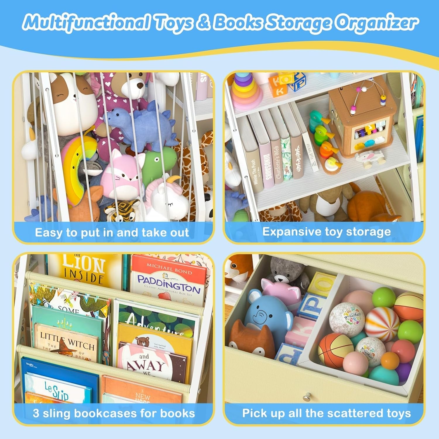 Kids Bookshelf 3 Tier Bookcase With Toy Organizer For Kids Rooms