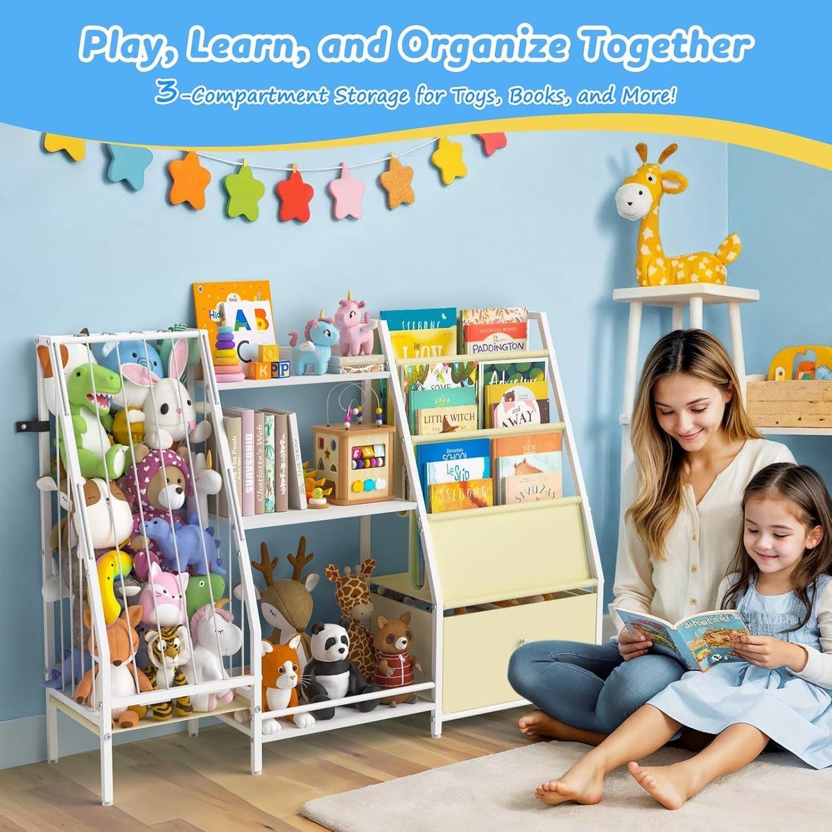 Kids Bookshelf 3 Tier Bookcase With Toy Organizer For Kids Rooms