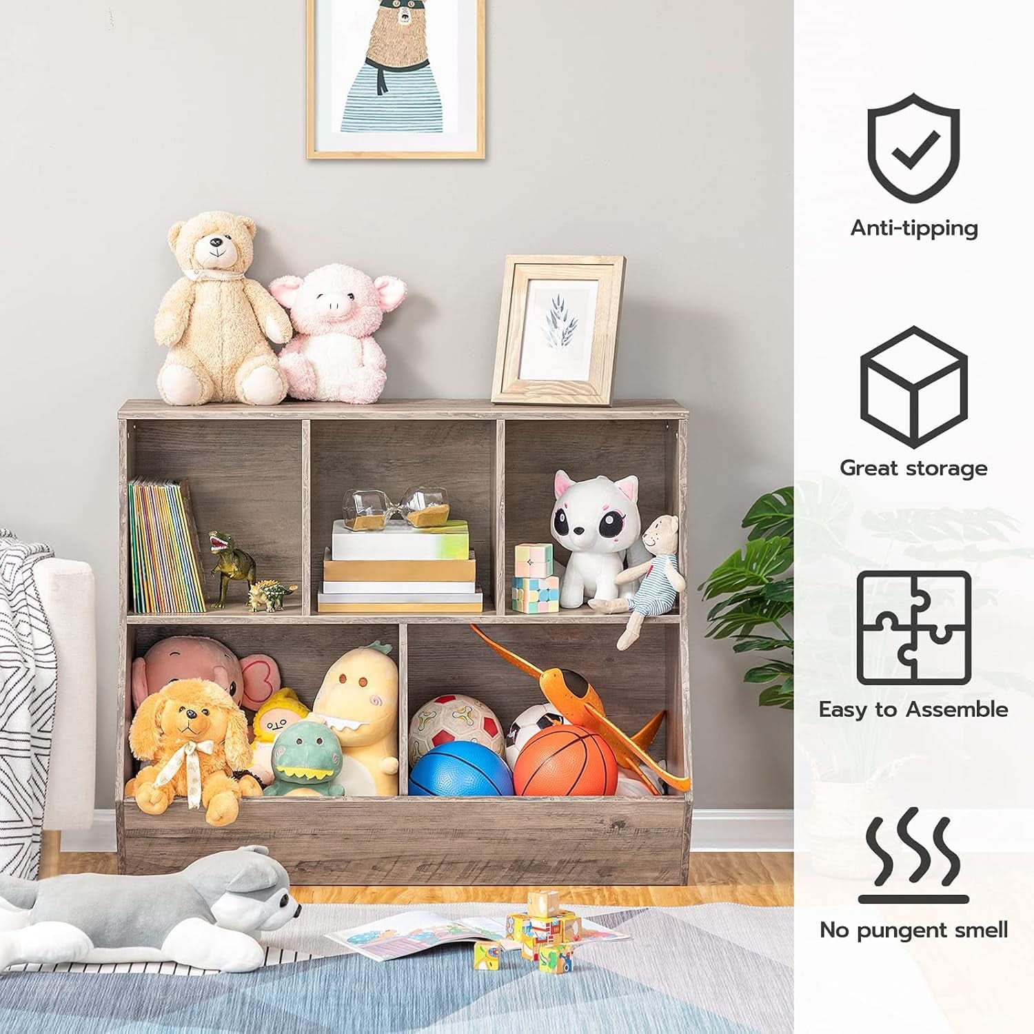 Kids Bookshelf Toy Storage Cabinet 35 Inch Long Greige