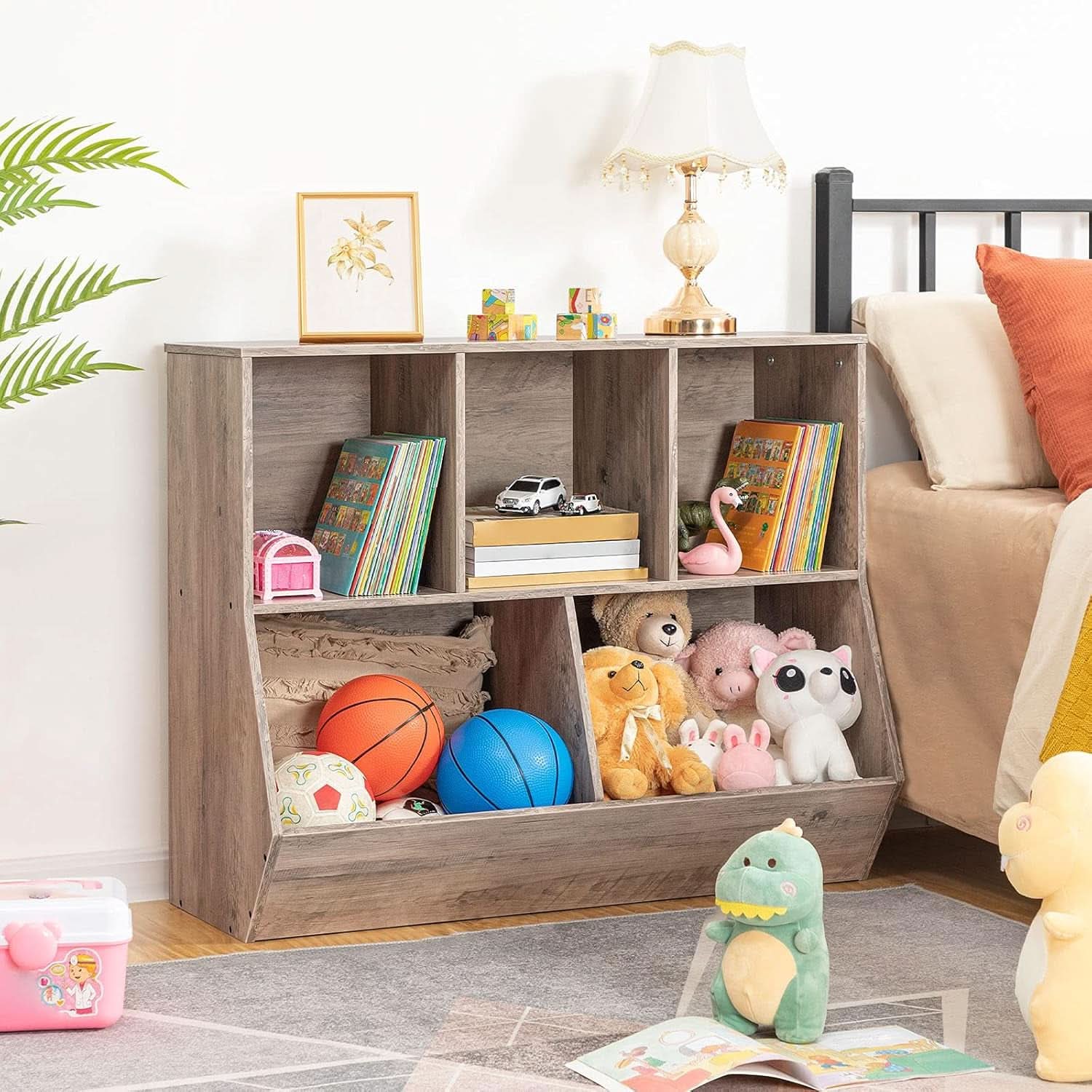 Kids Bookshelf Toy Storage Cabinet 35 Inch Long Greige