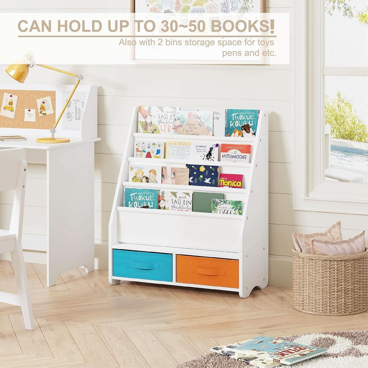 Kids Bookshelf With Storage Bins White Nursery Toddler
