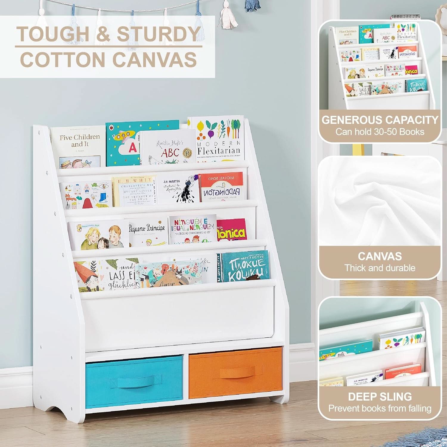 Kids Bookshelf With Storage Bins White Nursery Toddler