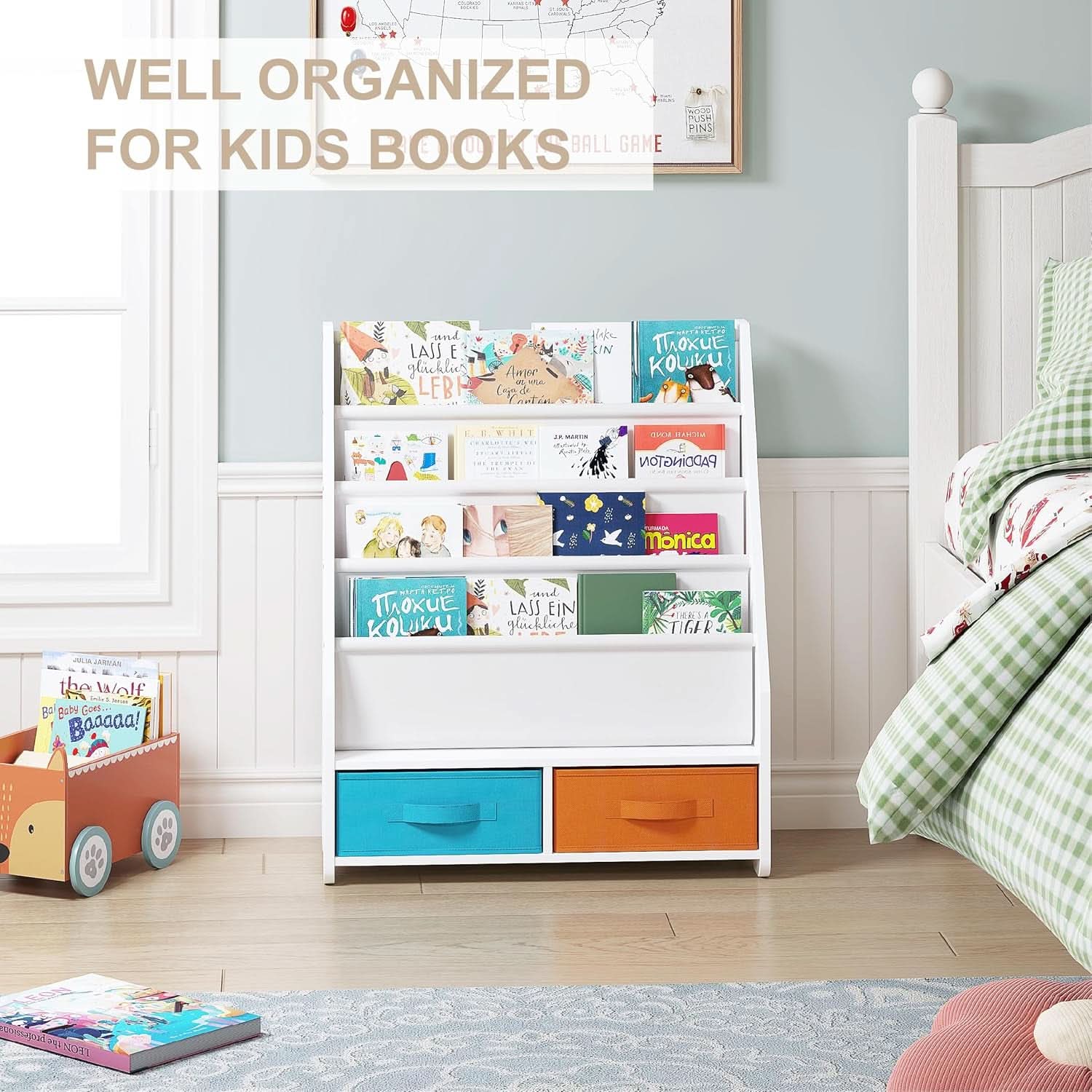 Kids Bookshelf With Storage Bins White Nursery Toddler