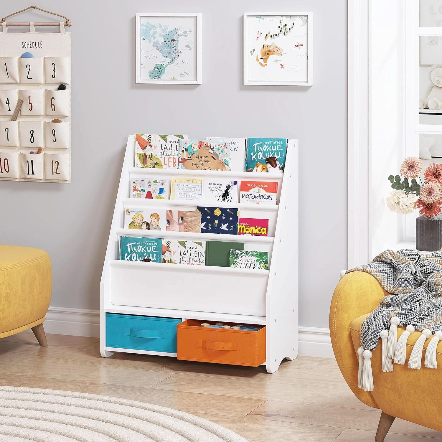 Kids Bookshelf With Storage Bins White Nursery Toddler