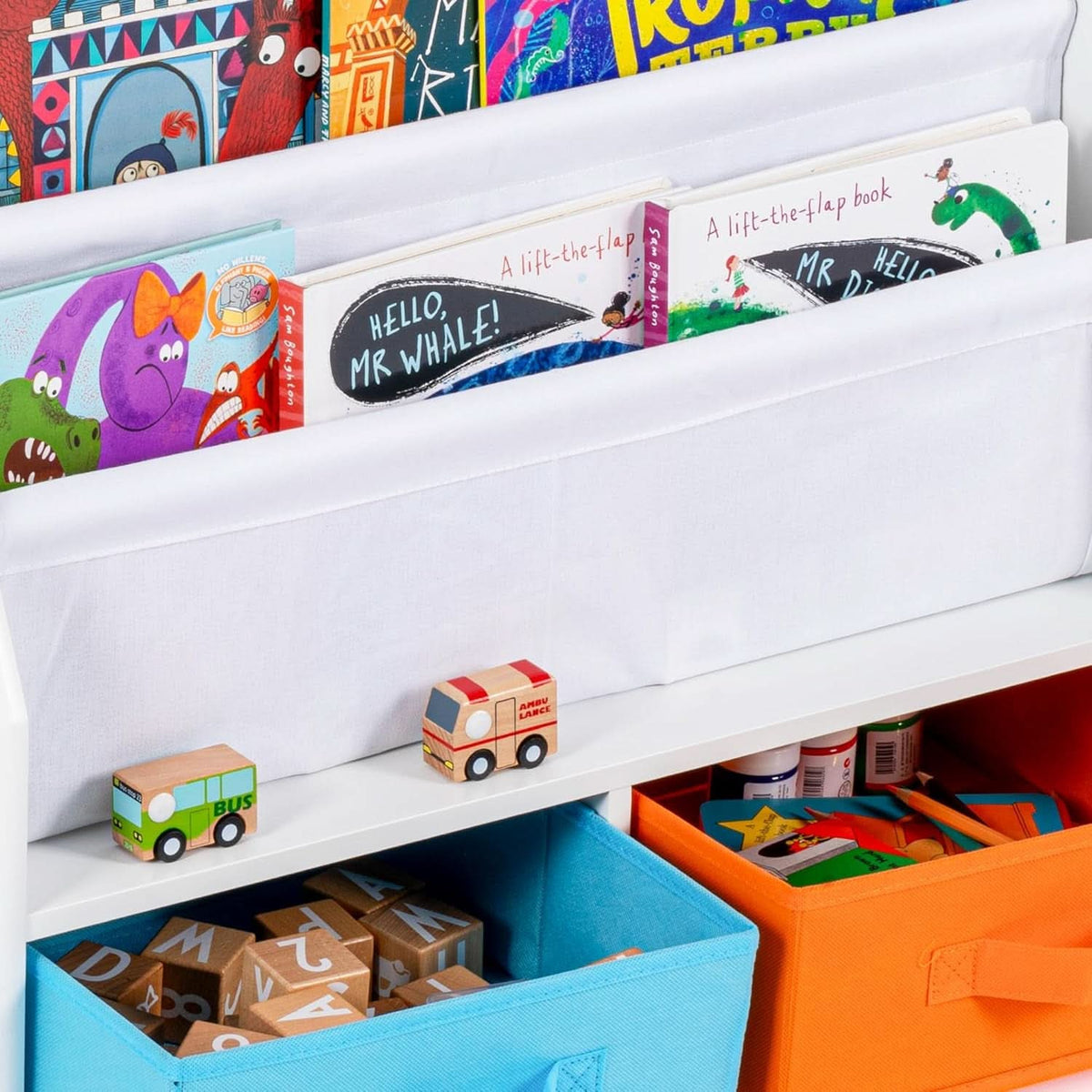 Kids Bookshelf With Storage Bins White Nursery Toddler