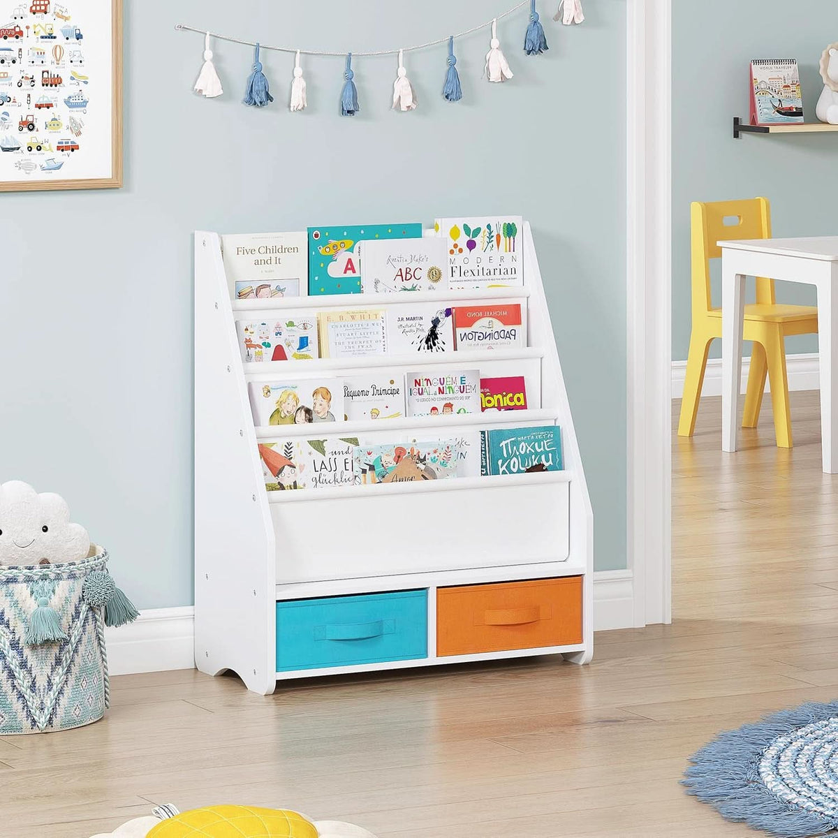 Kids Bookshelf With Storage Bins White Nursery Toddler