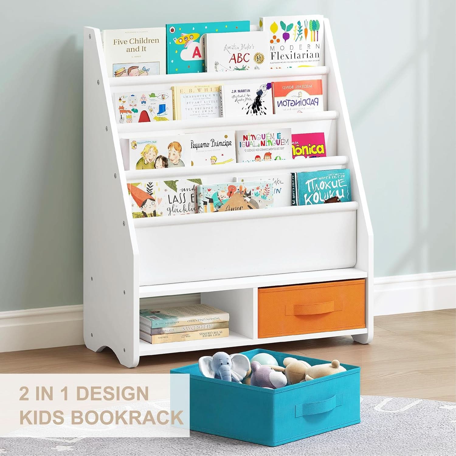 Kids Bookshelf With Storage Bins White Nursery Toddler