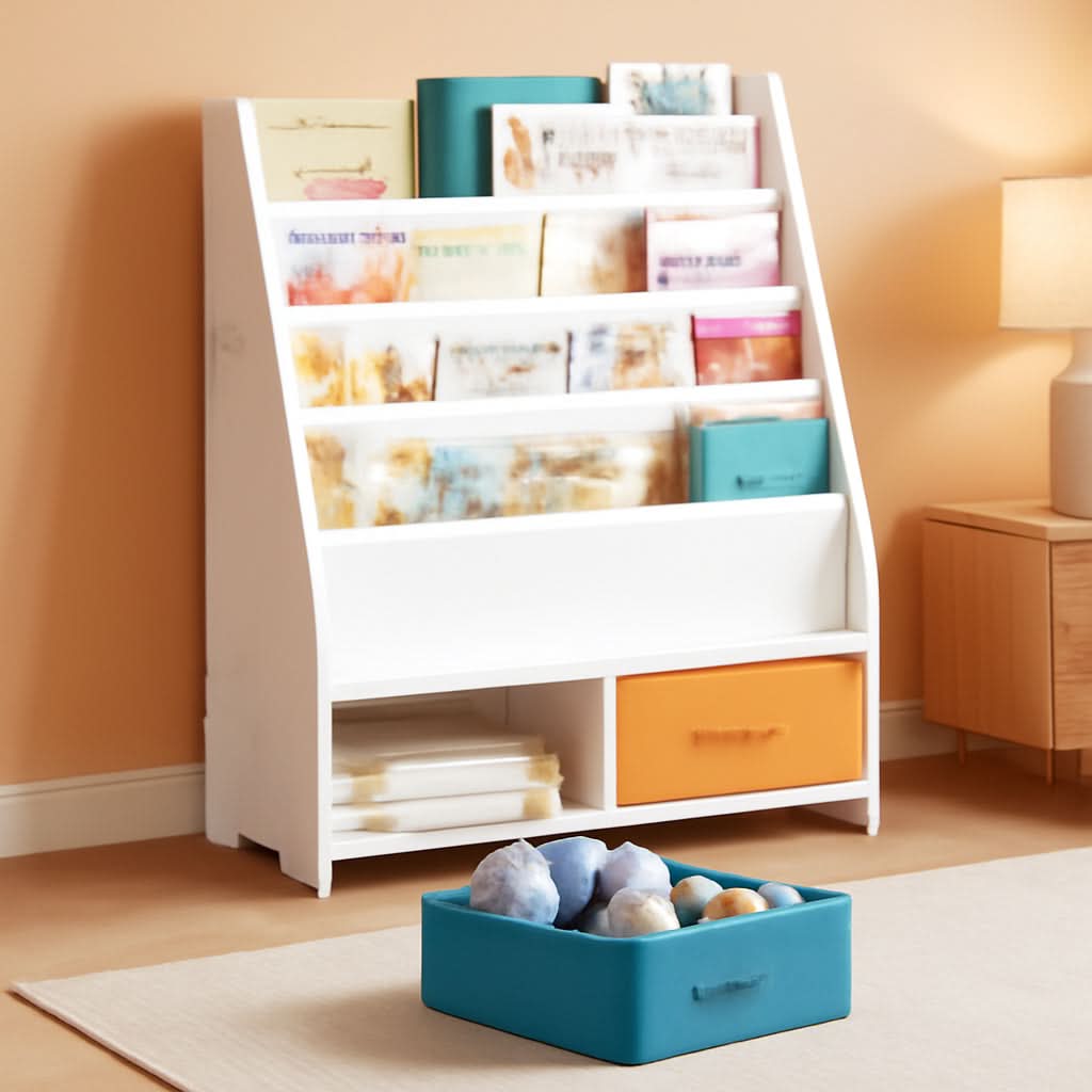 Kids Bookshelf With Storage Bins White Nursery Toddler
