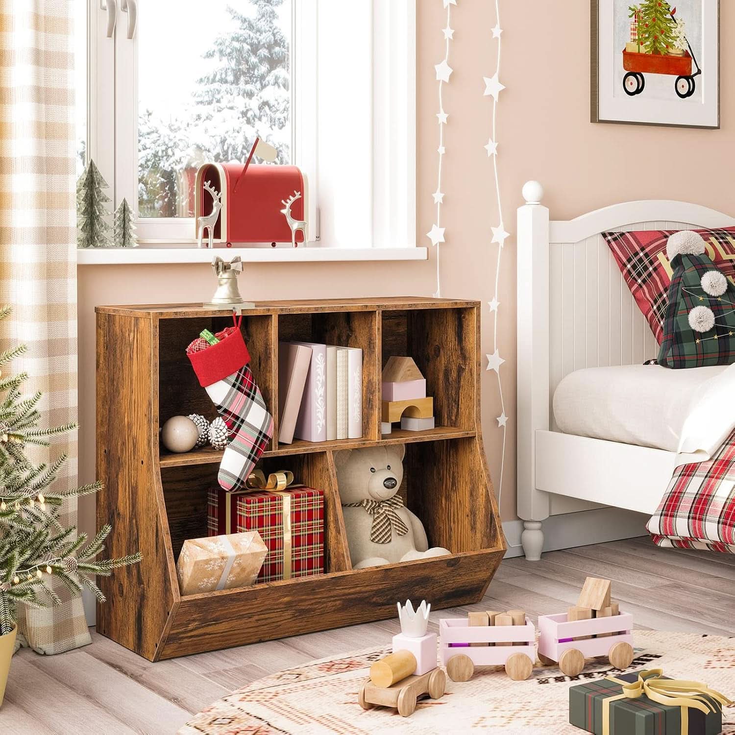 Kids Bookshelf With Toy Storage Cubby 35.4 Inch Rustic Brown