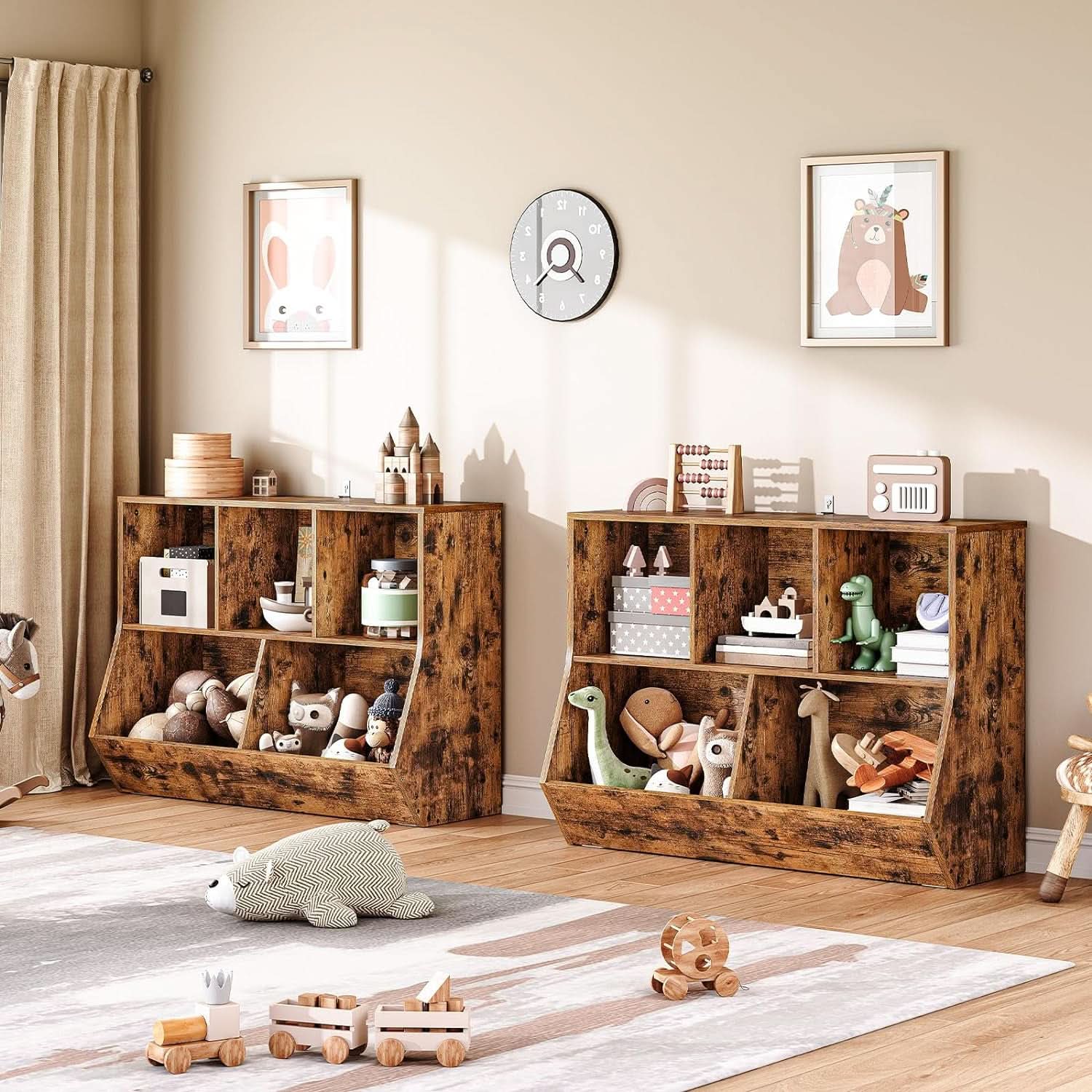 Kids Bookshelf With Toy Storage Cubby 35.4 Inch Rustic Brown