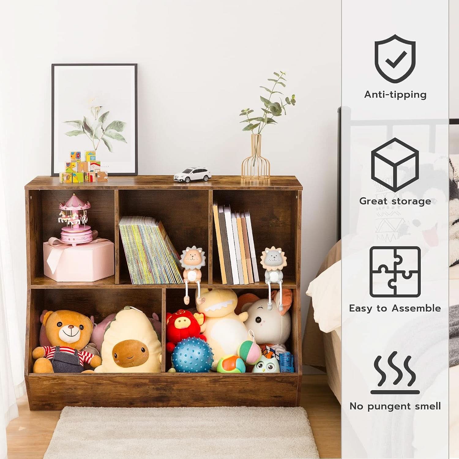 Kids Bookshelf With Toy Storage Cubby 35.4 Inch Rustic Brown