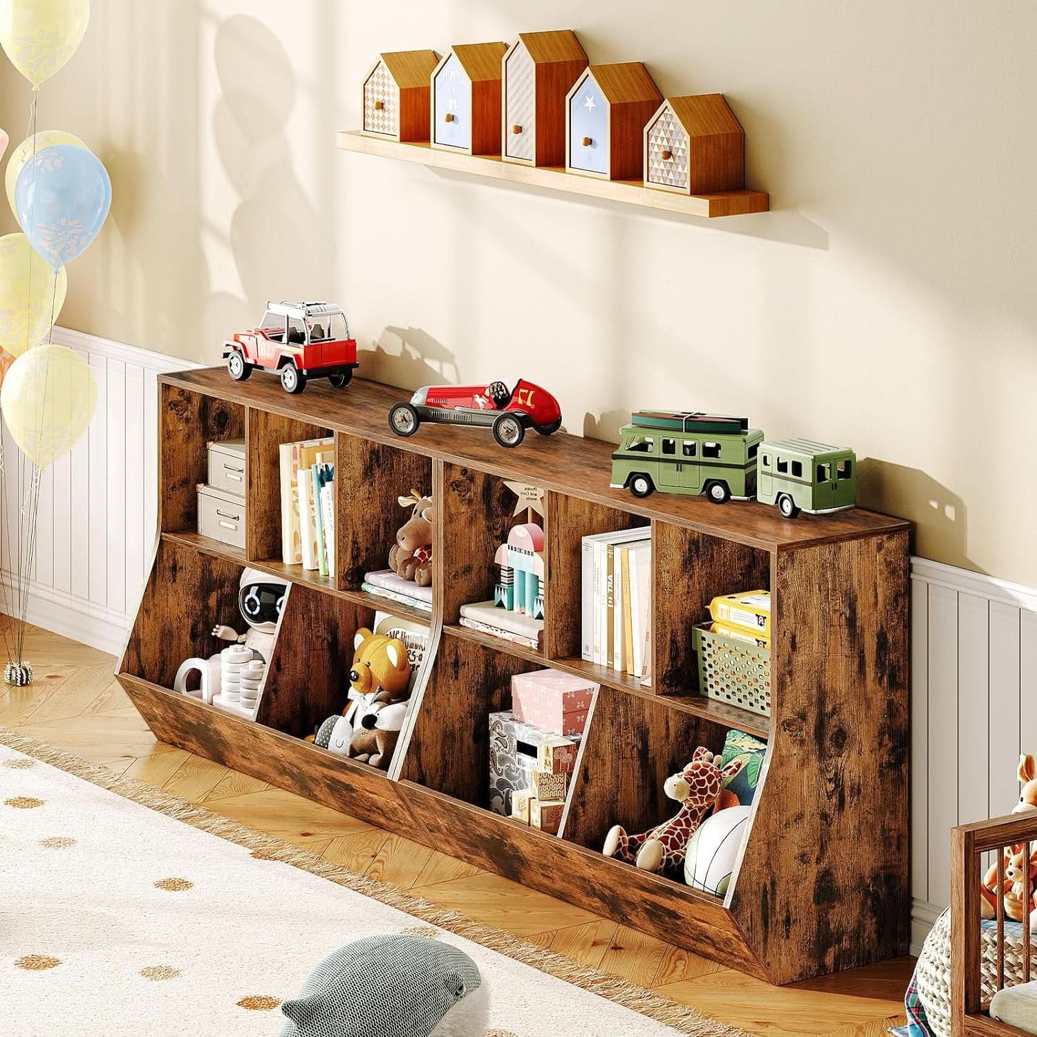 Kids Bookshelf With Toy Storage Cubby 35.4 Inch Rustic Brown