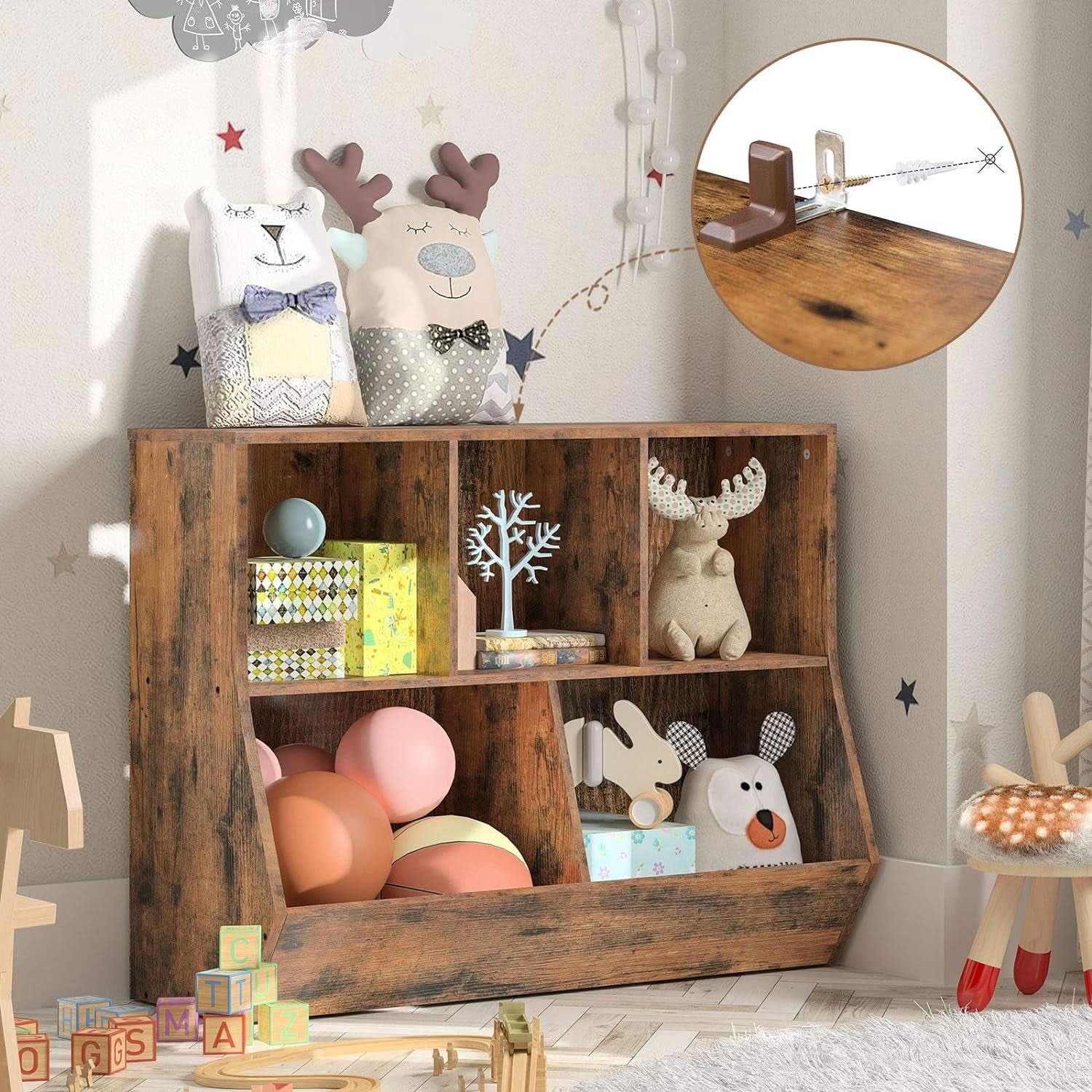 Kids Bookshelf With Toy Storage Cubby 35.4 Inch Rustic Brown