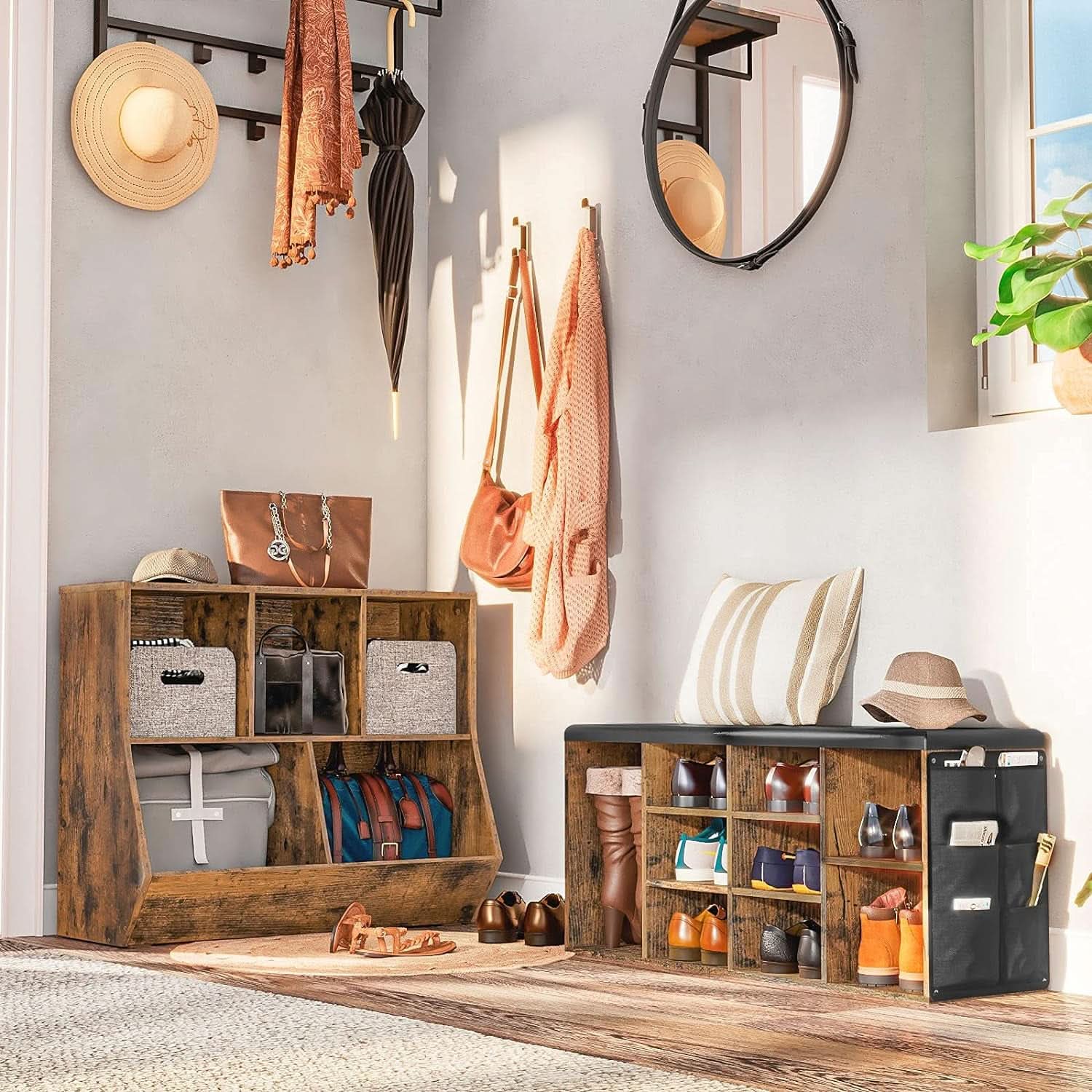 Kids Bookshelf With Toy Storage Cubby 35.4 Inch Rustic Brown