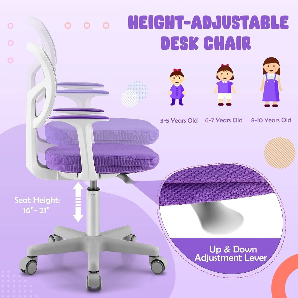 Kids Desk Chair Height Adjustable 16 To 21 Inches Violet